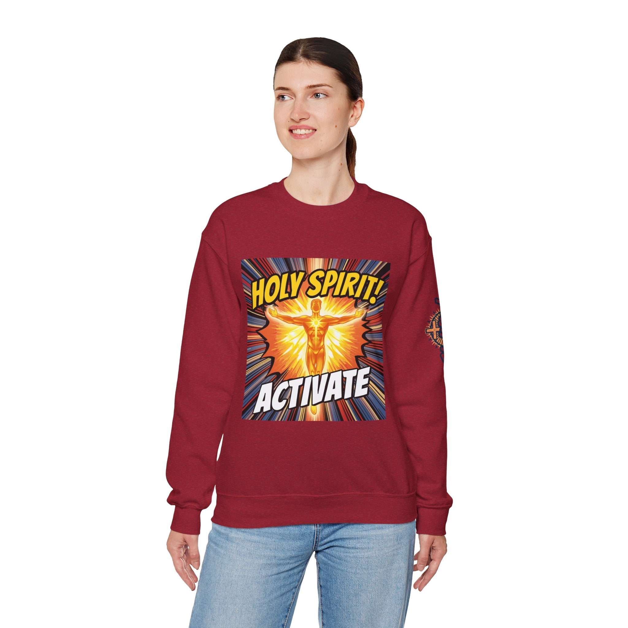 Holy Spirit Activate Sweatshirt – Superhero Christian Sweatshirt with Vibrant Power-Up Design for Faith-Fueled Boldness Printify