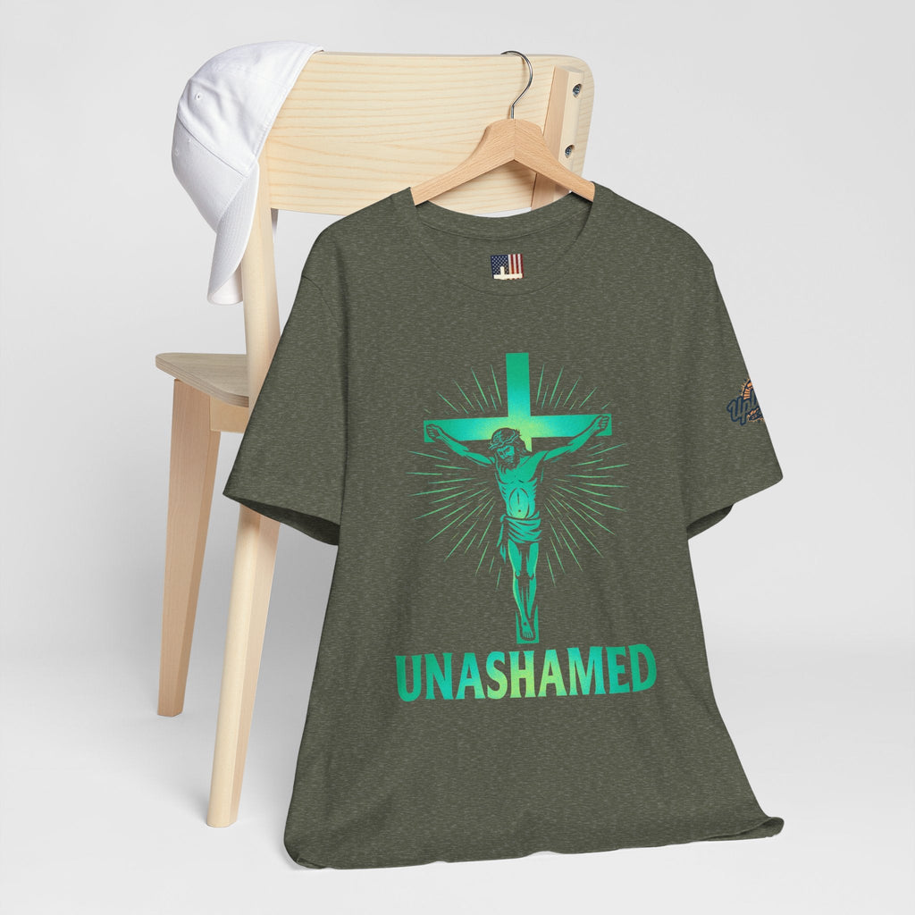 Unashamed T-shirt – Romans 1:16 Crucifixion Christian t-shirt for Bold Unwavering Faith Printify