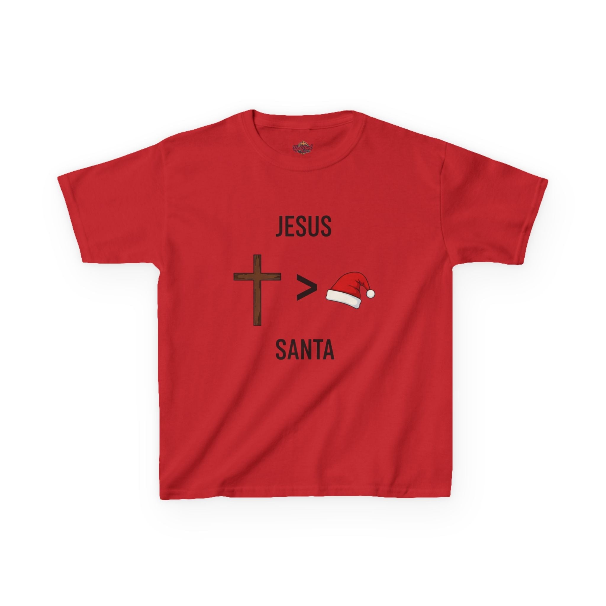🎄 Jesus > Santa – Minimalist Christian Christmas Kids T-Shirt | Bold Faith Over Holiday Tee | Cross vs Santa Hat Design | Uplifted Gear Printify