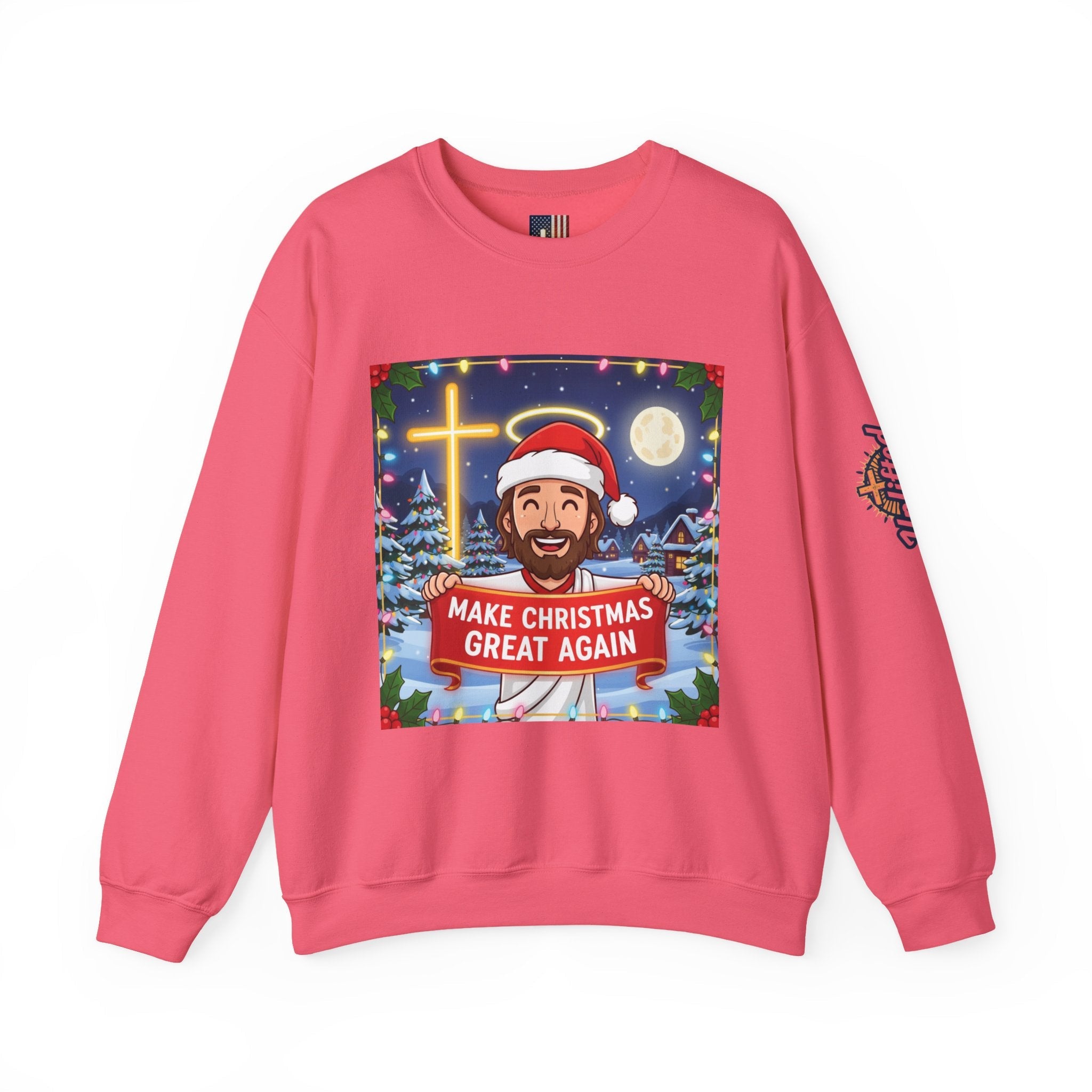 🎄 Make Christmas Great Again – Funny Christian Sweatshirt | Jesus Holding Banner | Faith-Based Holiday Parody Tee | Uplifted Gear Printify