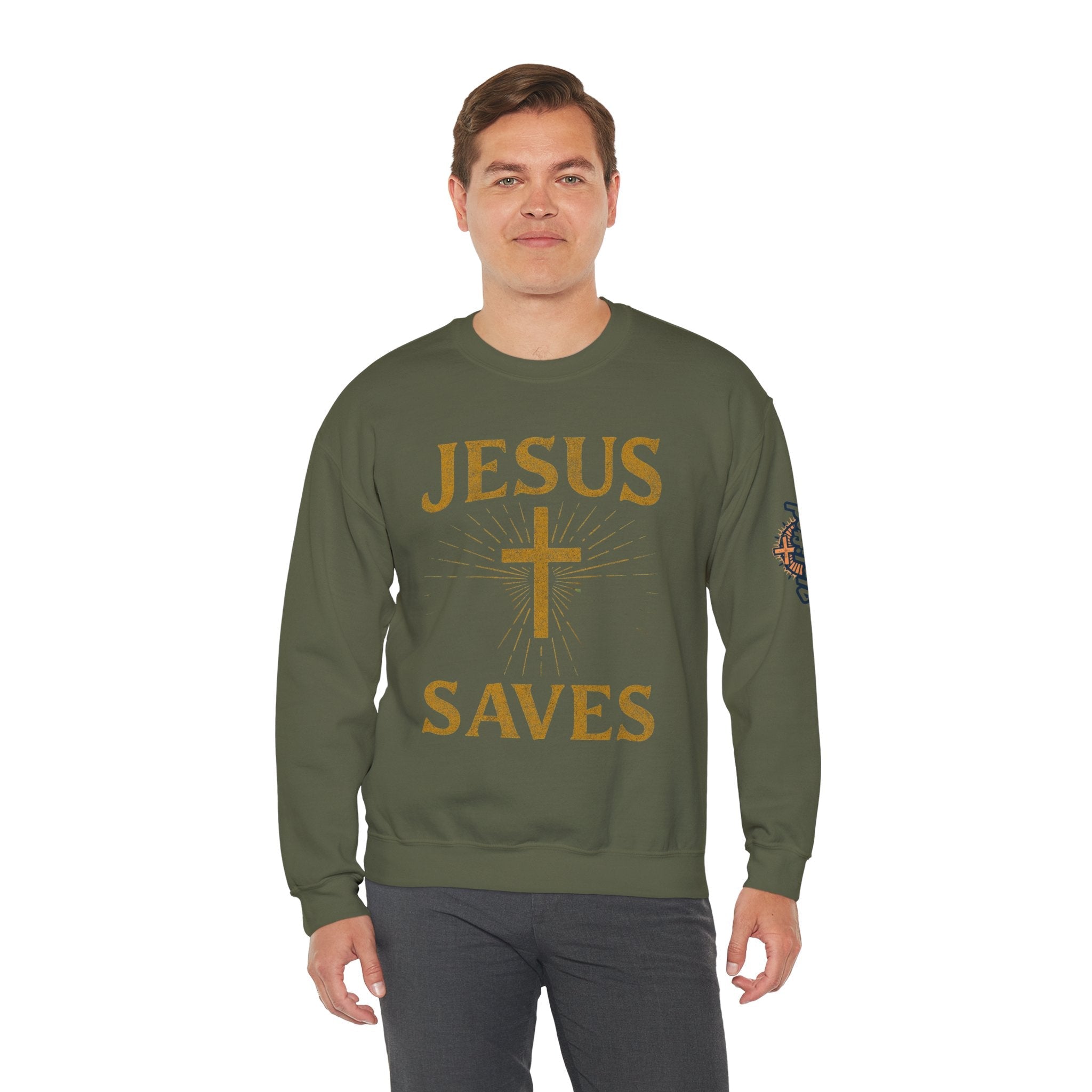 Jesus Saves Sweatshirt – Radiant Cross & Rays of Light Christian Sweatshirt for Eternal Hope & Faith Printify