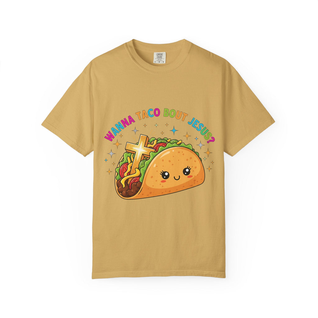 Wanna Taco 'Bout Jesus? Funny Christian Pun T-Shirt – Lettuce Pray & Share Faith! Printify