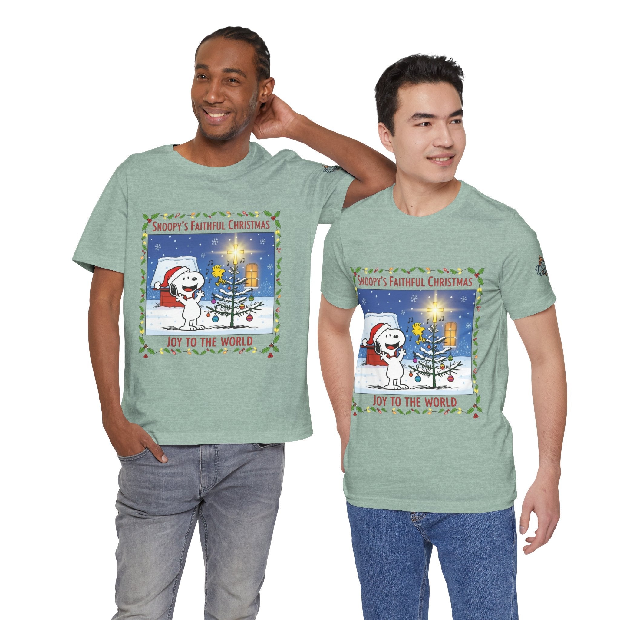 🎄 Faithful Christmas Friends – Christian Holiday T-Shirt | Festive Tree & Cartoon Duo | Heartwarming Christmas Tee by Uplifted Gear Printify