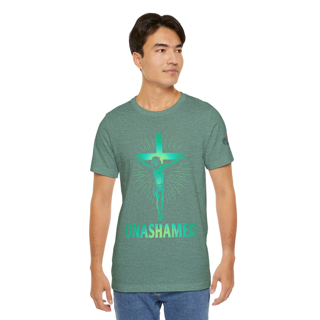 Unashamed T-shirt – Romans 1:16 Crucifixion Christian t-shirt for Bold Unwavering Faith Printify