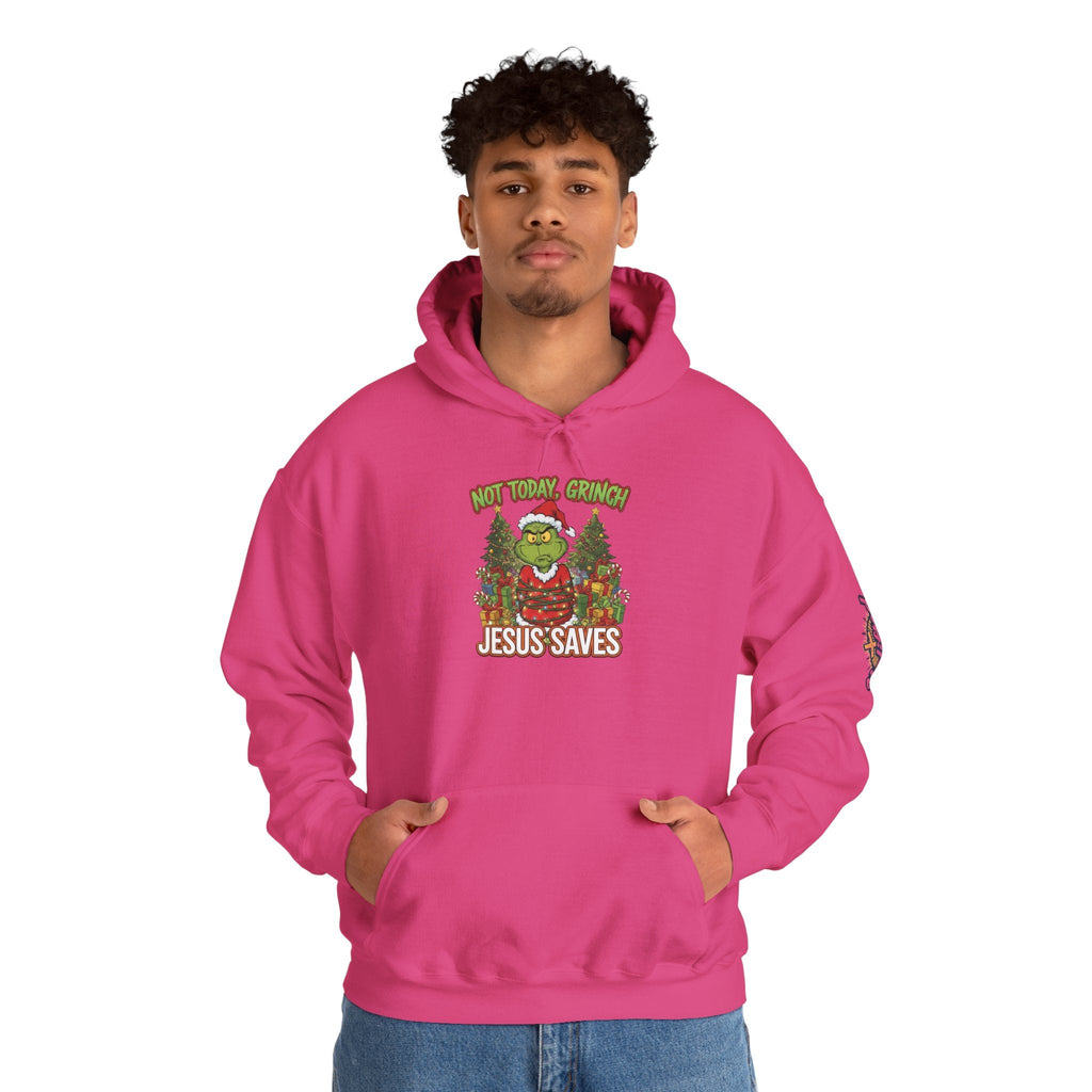 🎄 Not Today, Grinch – Jesus Saves | Funny Christian Christmas Hoodie | Sulking Grinch & Glowing Cross | Bold Neon Faith Tee by Uplifted Gear Printify