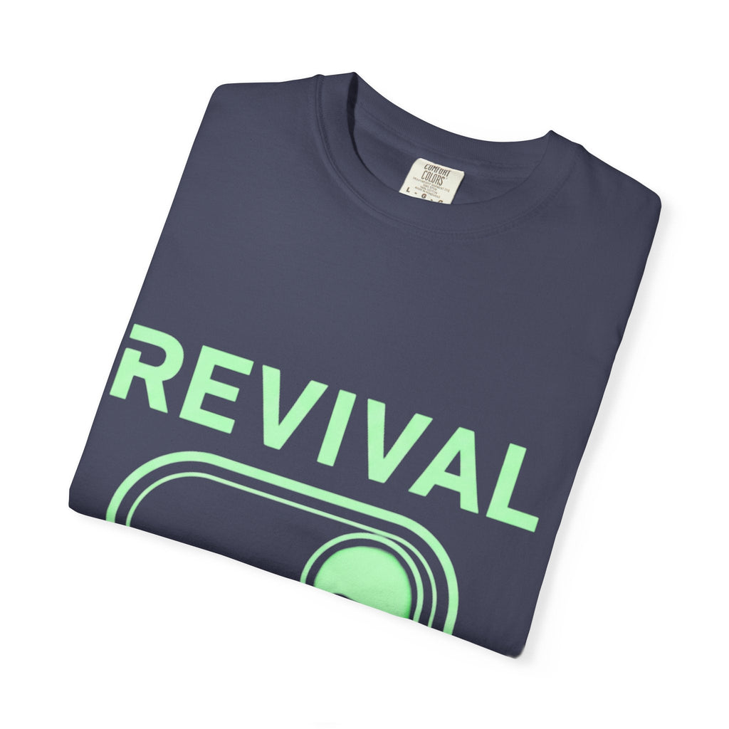 🔥 Revival Mode: ON – Christian Techwear T-Shirt | Glowing Green Faith Switch | Futuristic Jesus Shirt | Activate Your Spiritual Awakening | Uplifted Gear Printify