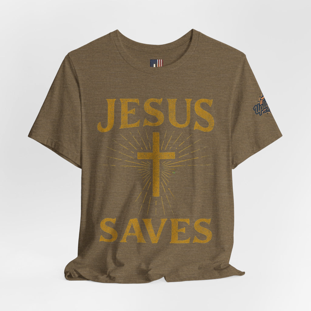 Jesus Saves T-shirt – Radiant Cross & Rays of Light Christian T-shirt for Eternal Hope & Faith Printify
