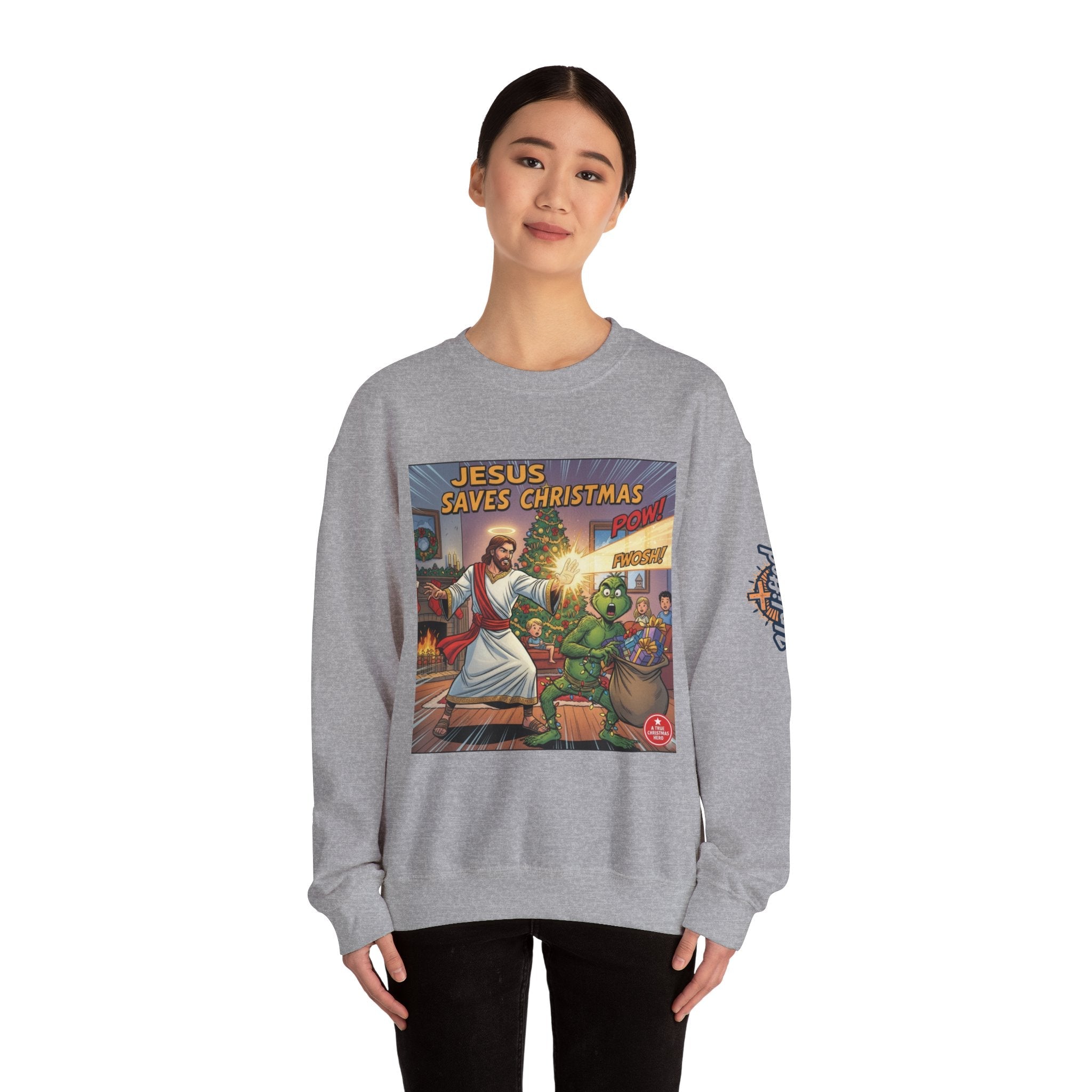 Jesus Saves Christmas Sweatshirt – Grinch vs Savior Light Battle Christian Sweatshirt for Hilarious Holiday Faith & True Joy Printify