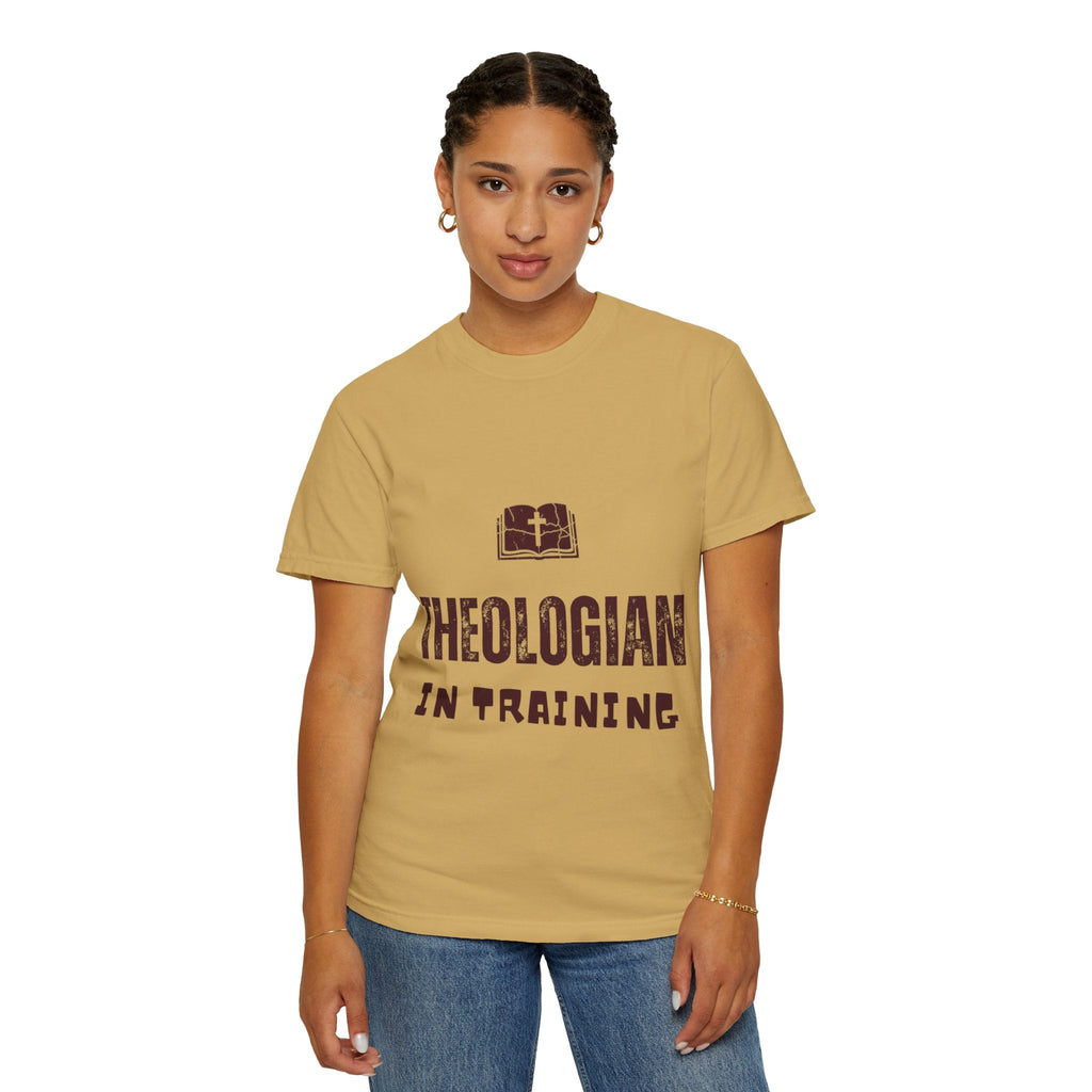 Theologian in Training T-Shirt – Open Bible & Cross Christian Tee for Faithful Learners Printify