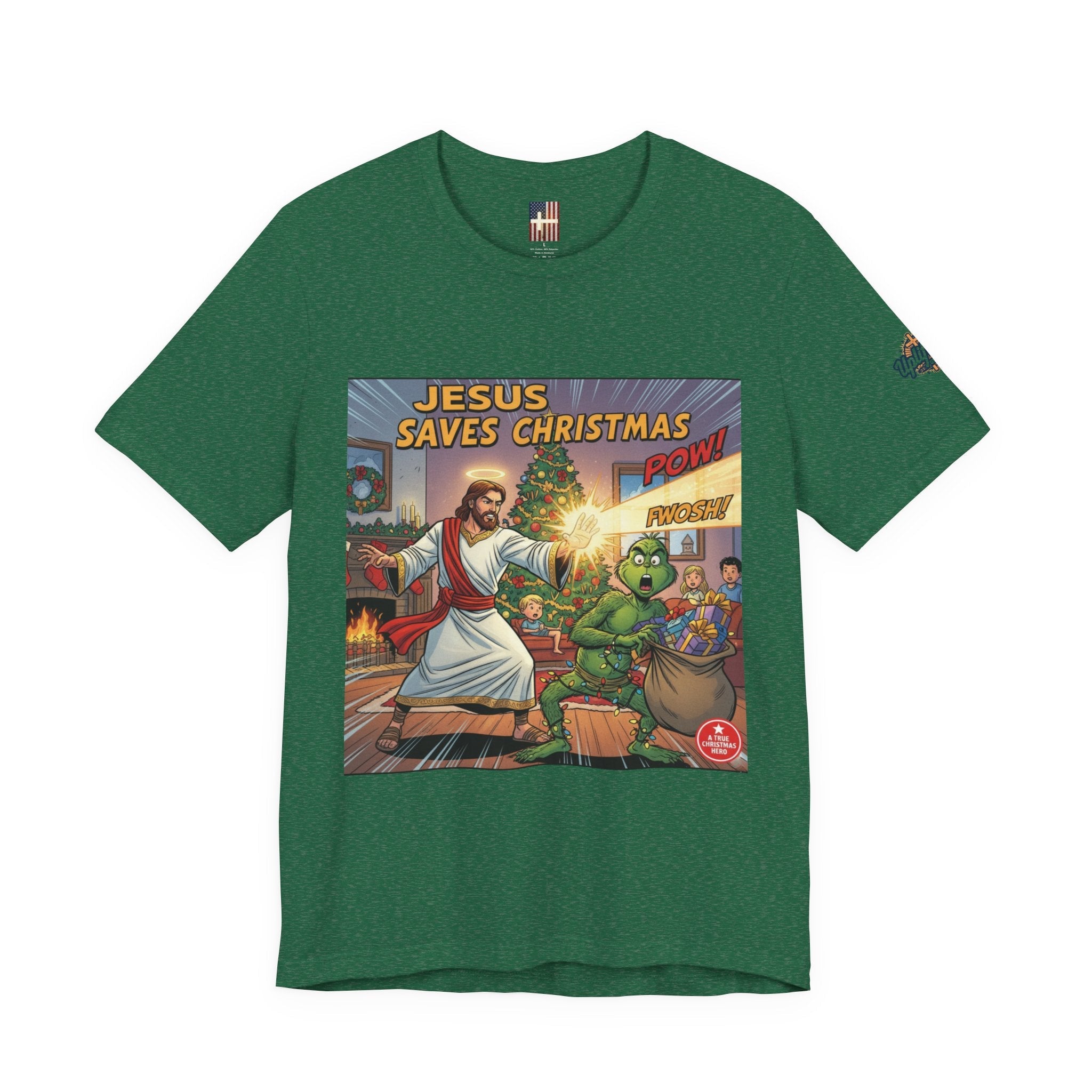 Jesus Saves Christmas T-shirt – Grinch vs Savior Light Battle Christian T-shirt for Hilarious Holiday Faith & True Joy Printify