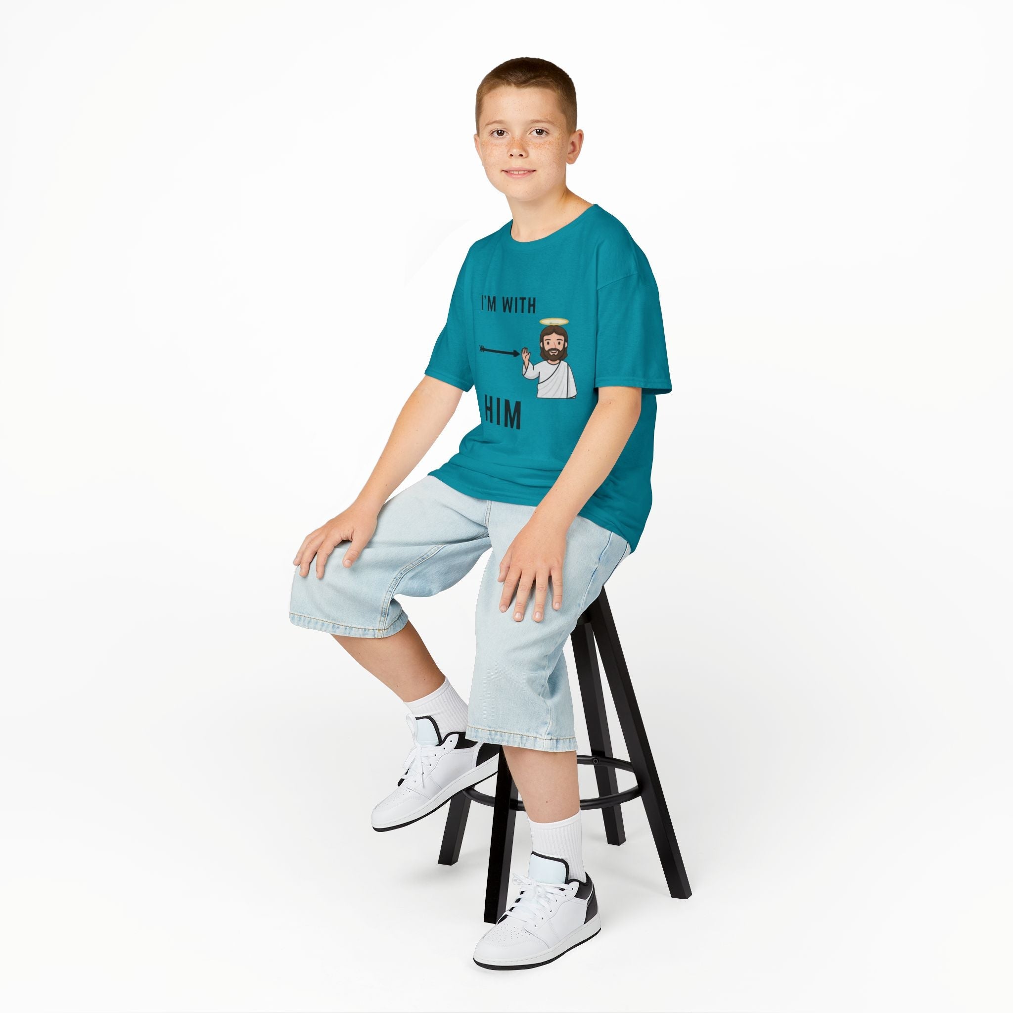 🔥 I’m With Him → Christian Kids T-Shirt | Arrow Pointing to Jesus | Minimalist Faith Tee | Subtle Cross Design | Bible-Inspired Apparel by Uplifted Gear Printify
