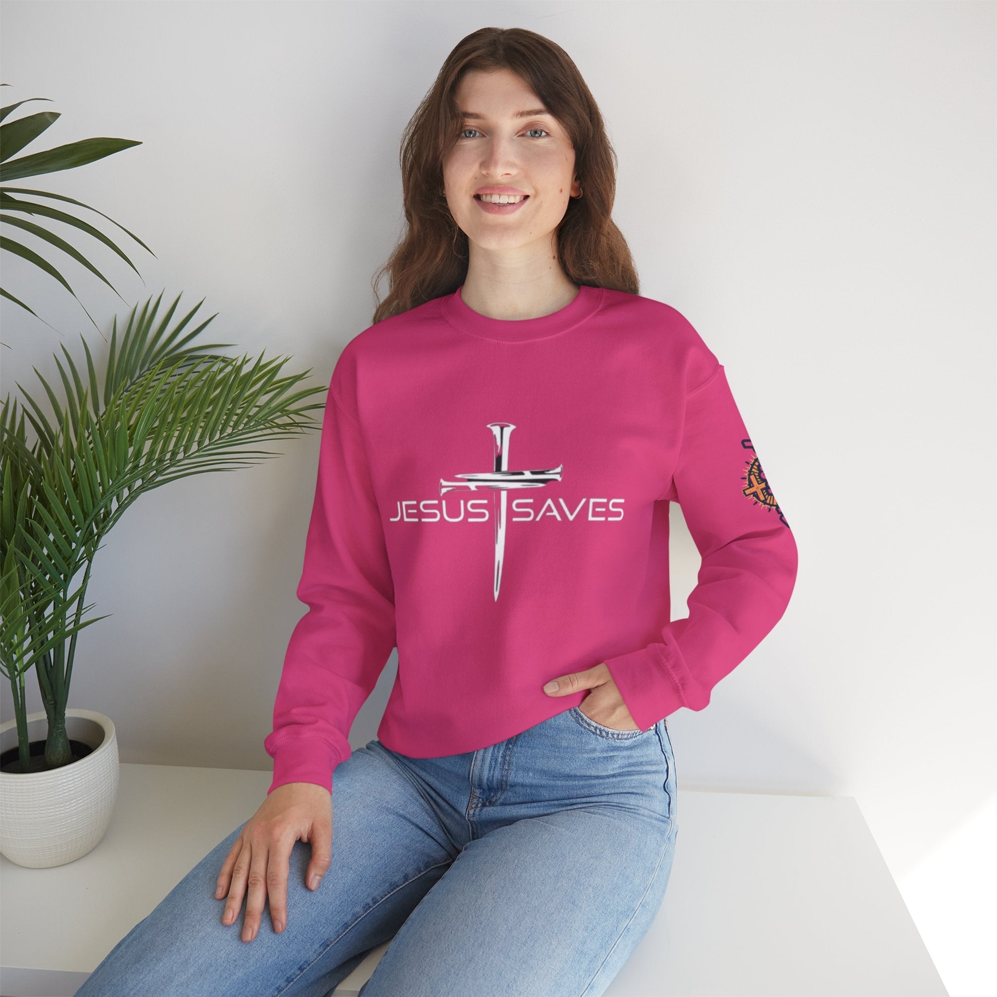 Jesus Saves Sweatshirt – 3 Nails Crucifix Cross Christian Sweatshirt for Redemption Faith & Bold Salvation Printify