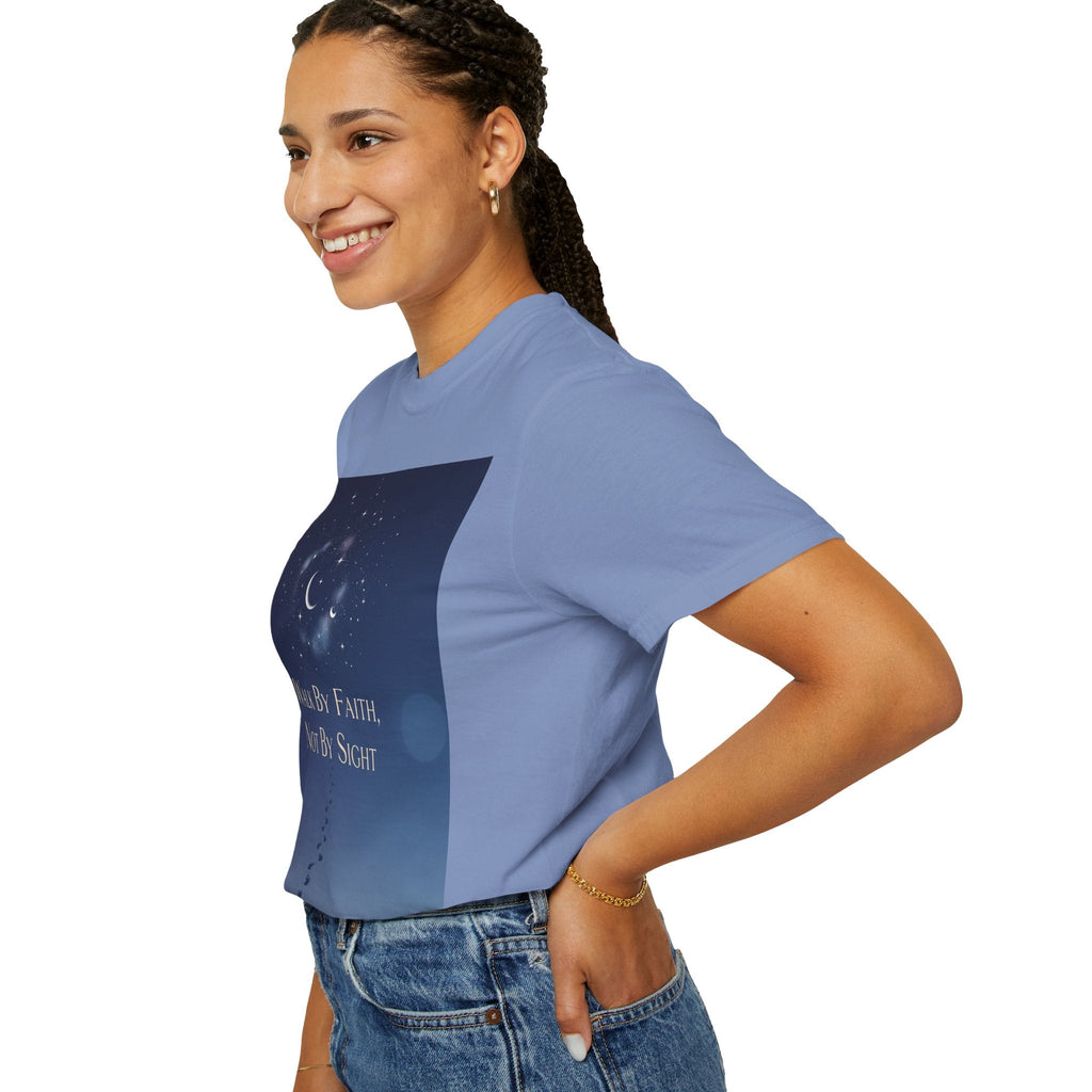 Walk by Faith, Not by Sight T-Shirt – Footprints in the Sand Christian Moonlit Tee Printify