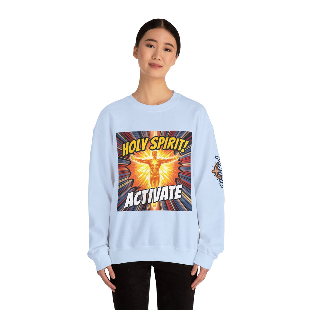Holy Spirit Activate Sweatshirt – Superhero Christian Sweatshirt with Vibrant Power-Up Design for Faith-Fueled Boldness Printify