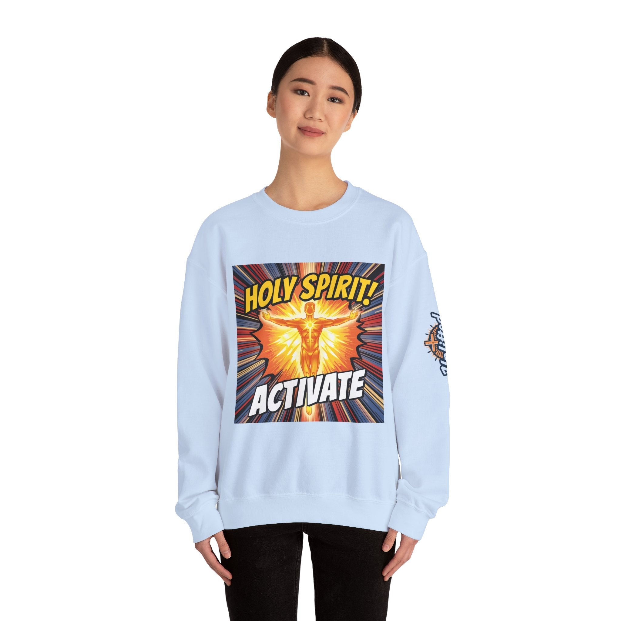 Holy Spirit Activate Sweatshirt – Superhero Christian Sweatshirt with Vibrant Power-Up Design for Faith-Fueled Boldness Printify
