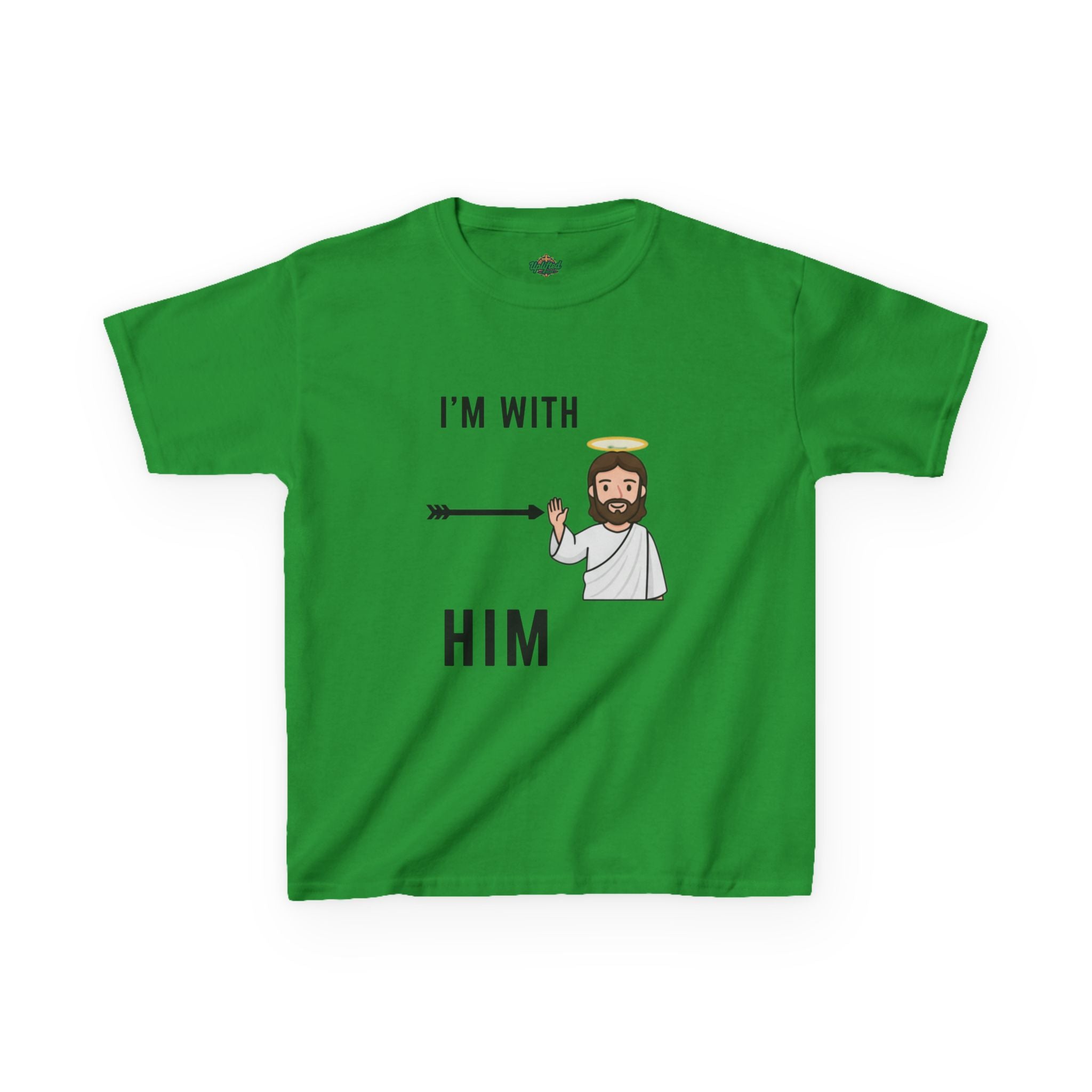 🔥 I’m With Him → Christian Kids T-Shirt | Arrow Pointing to Jesus | Minimalist Faith Tee | Subtle Cross Design | Bible-Inspired Apparel by Uplifted Gear Printify