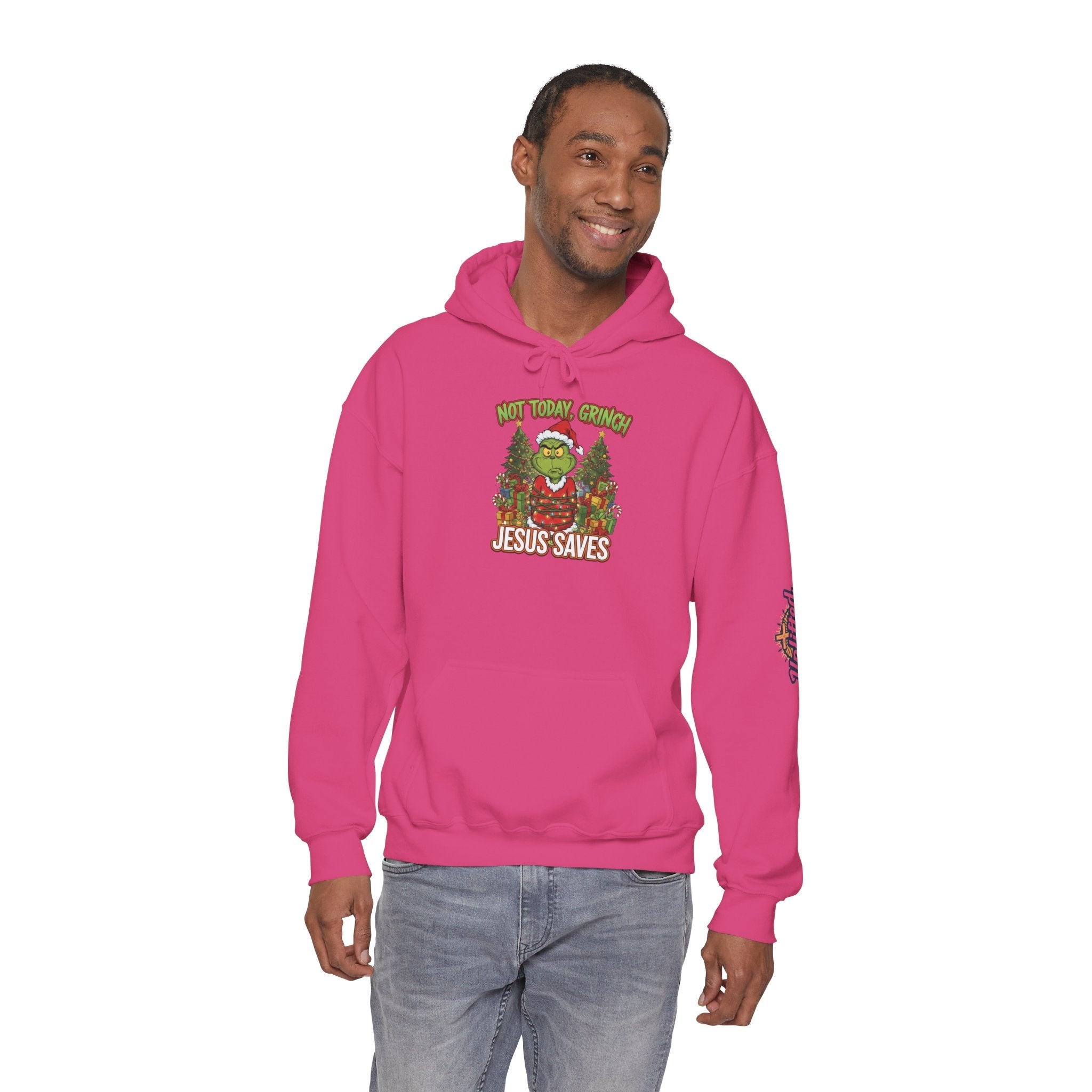 🎄 Not Today, Grinch – Jesus Saves | Funny Christian Christmas Hoodie | Sulking Grinch & Glowing Cross | Bold Neon Faith Tee by Uplifted Gear Printify