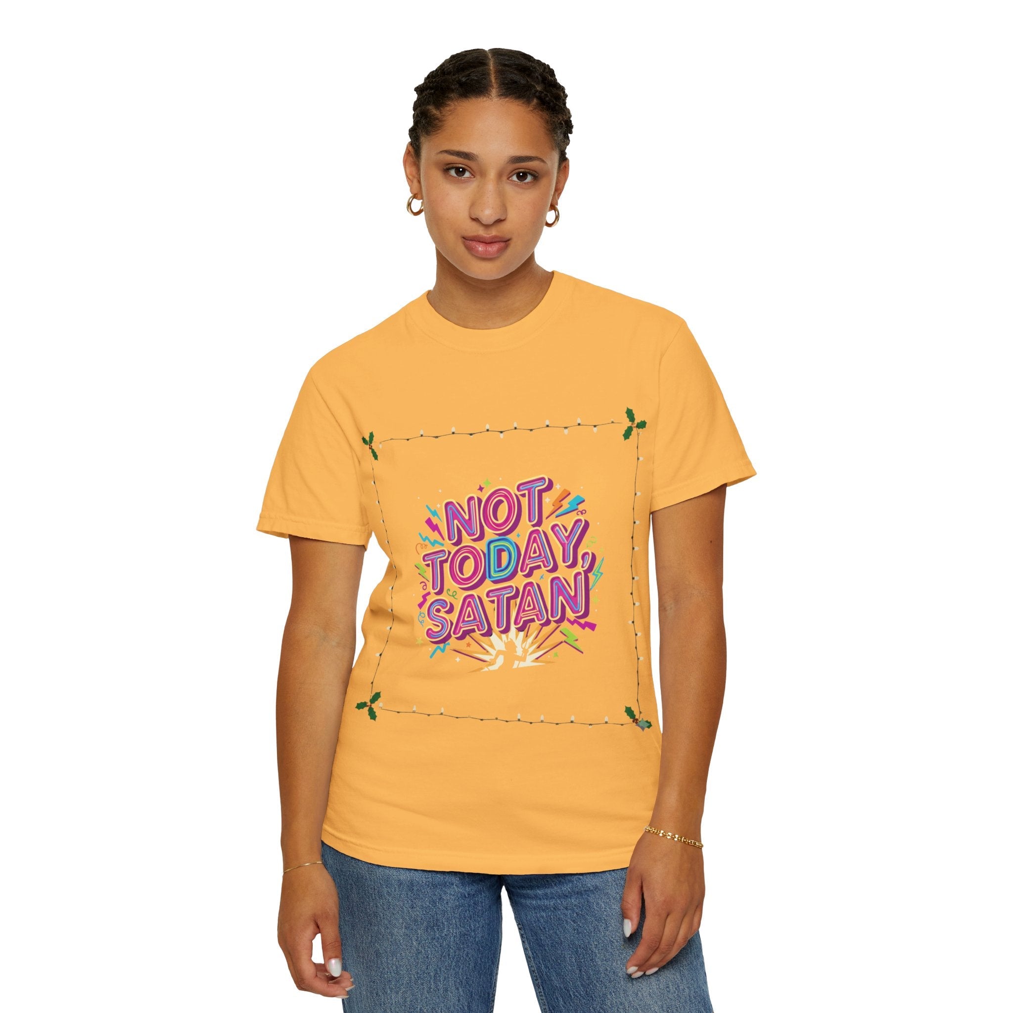 🔥 Not Today, Satan – Retro 90s Christian T-Shirt | Neon Faith Tee | Funky Cartoon Devil | Bold Bible Verse Shirt | Uplifted Gear Printify