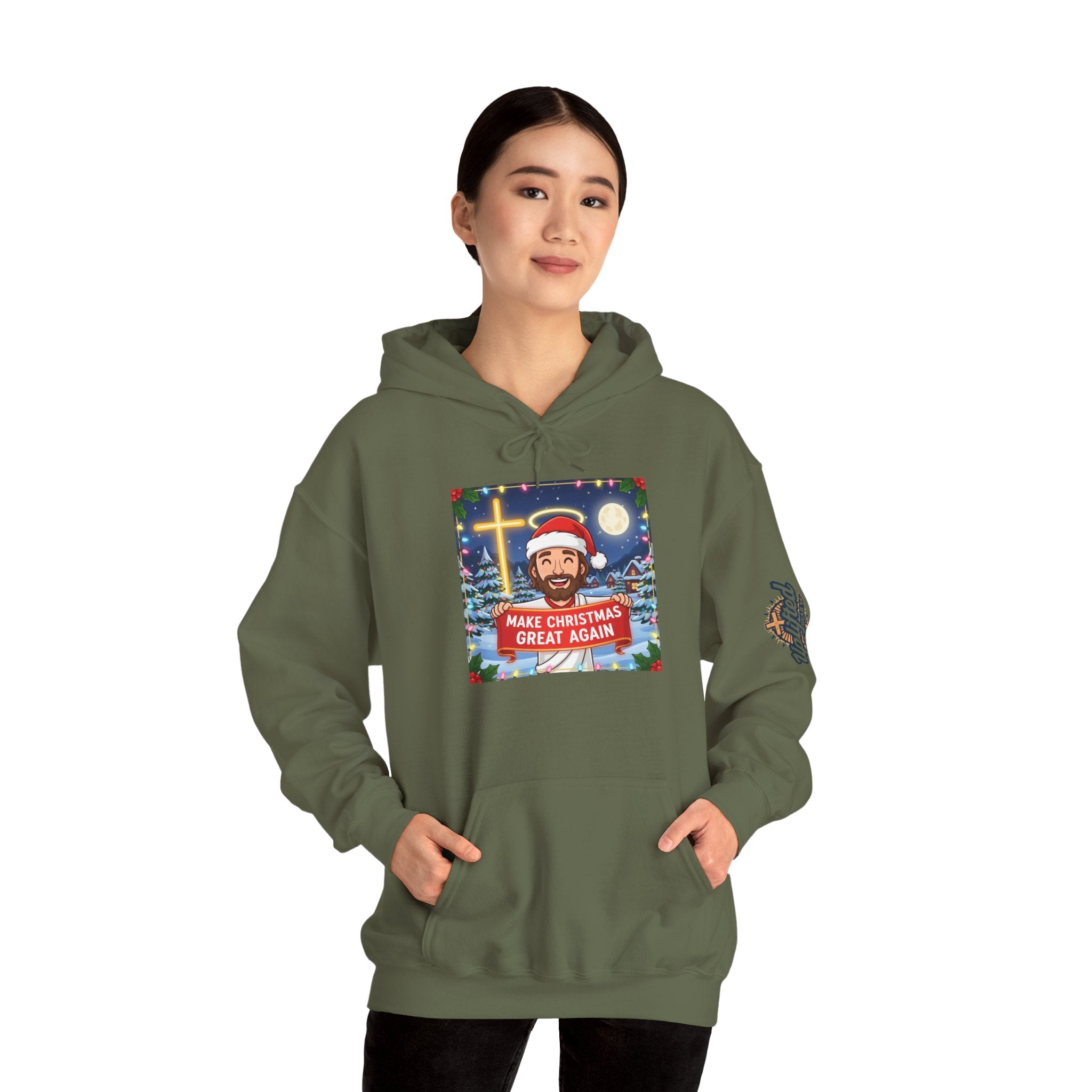 🎄 Make Christmas Great Again – Funny Christian Hoodie | Jesus Holding Banner | Faith-Based Holiday Parody Tee | Uplifted Gear Printify