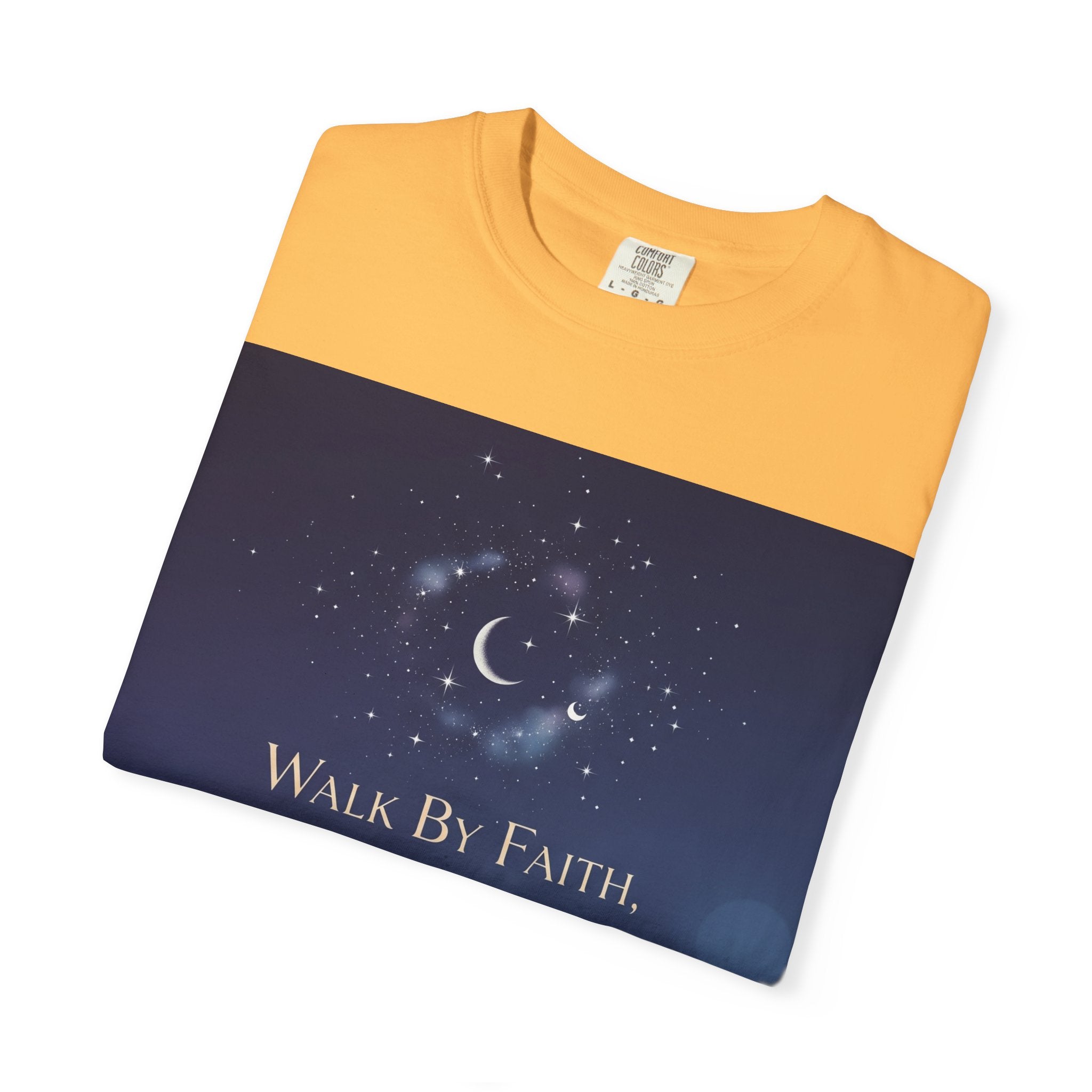 Walk by Faith, Not by Sight T-Shirt – Footprints in the Sand Christian Moonlit Tee Printify