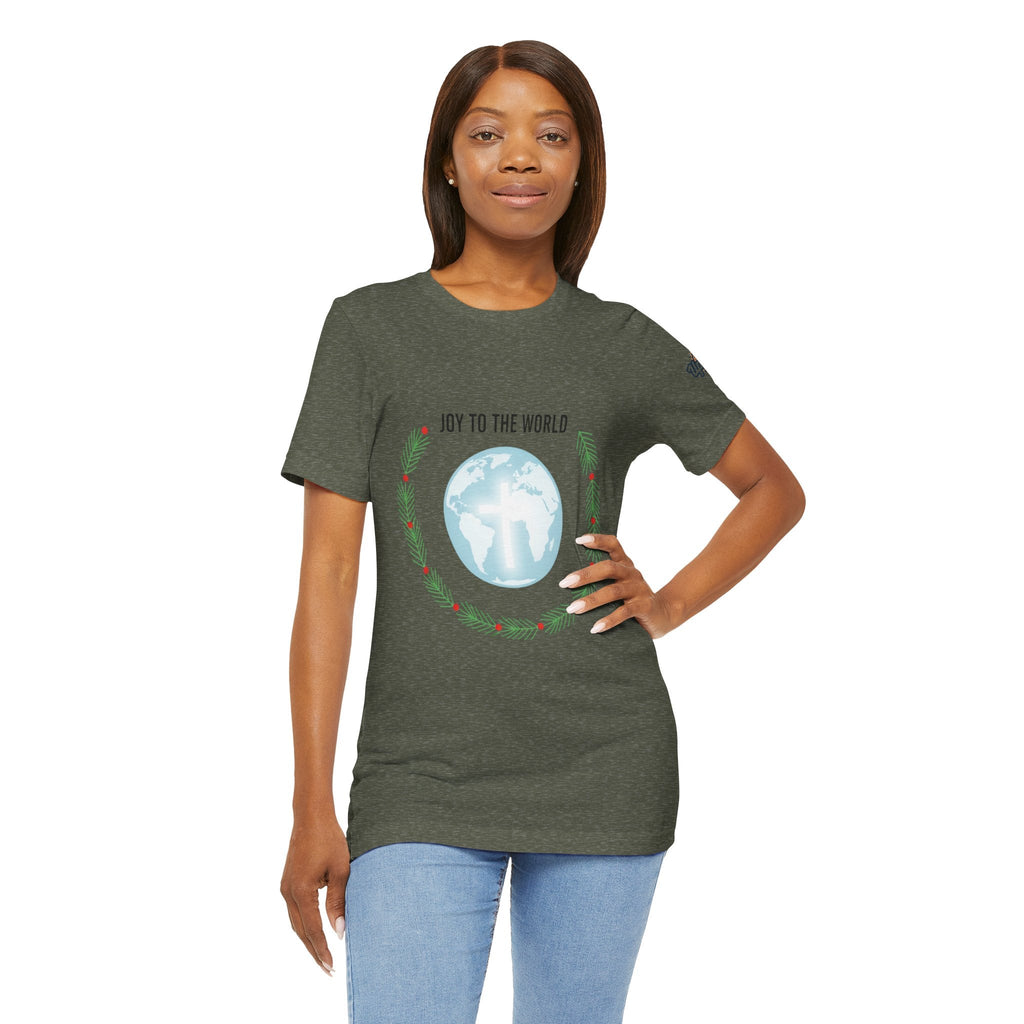 Joy to the World T-shirt – Wreath Earth Nativity Christian Christmas T-shirt for Isaiah 9:6 Holiday Faith & Festive Joy Printify