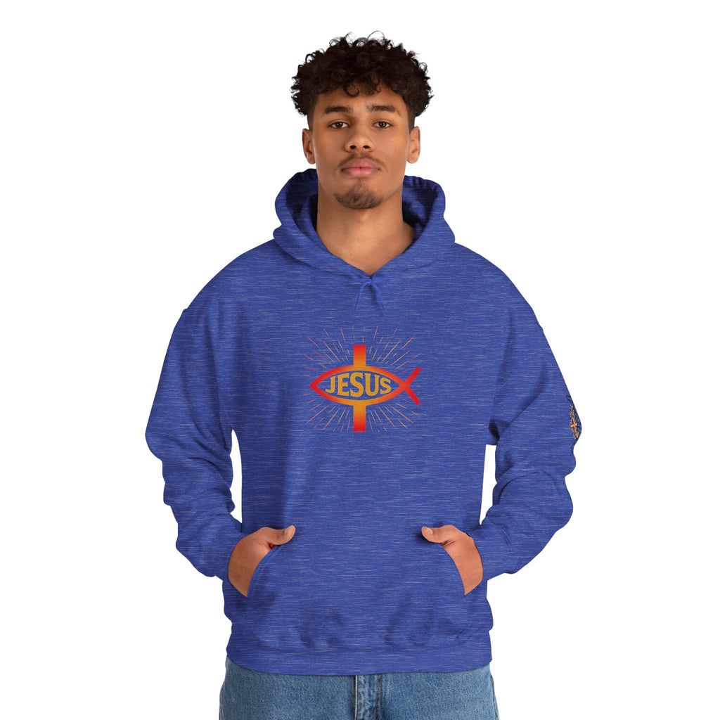 Jesus Ichthys Hoodie – Christian Fish Symbol with Cross & Jesus Inscription Sweatshirt for Eternal Faith & Streetwear Printify