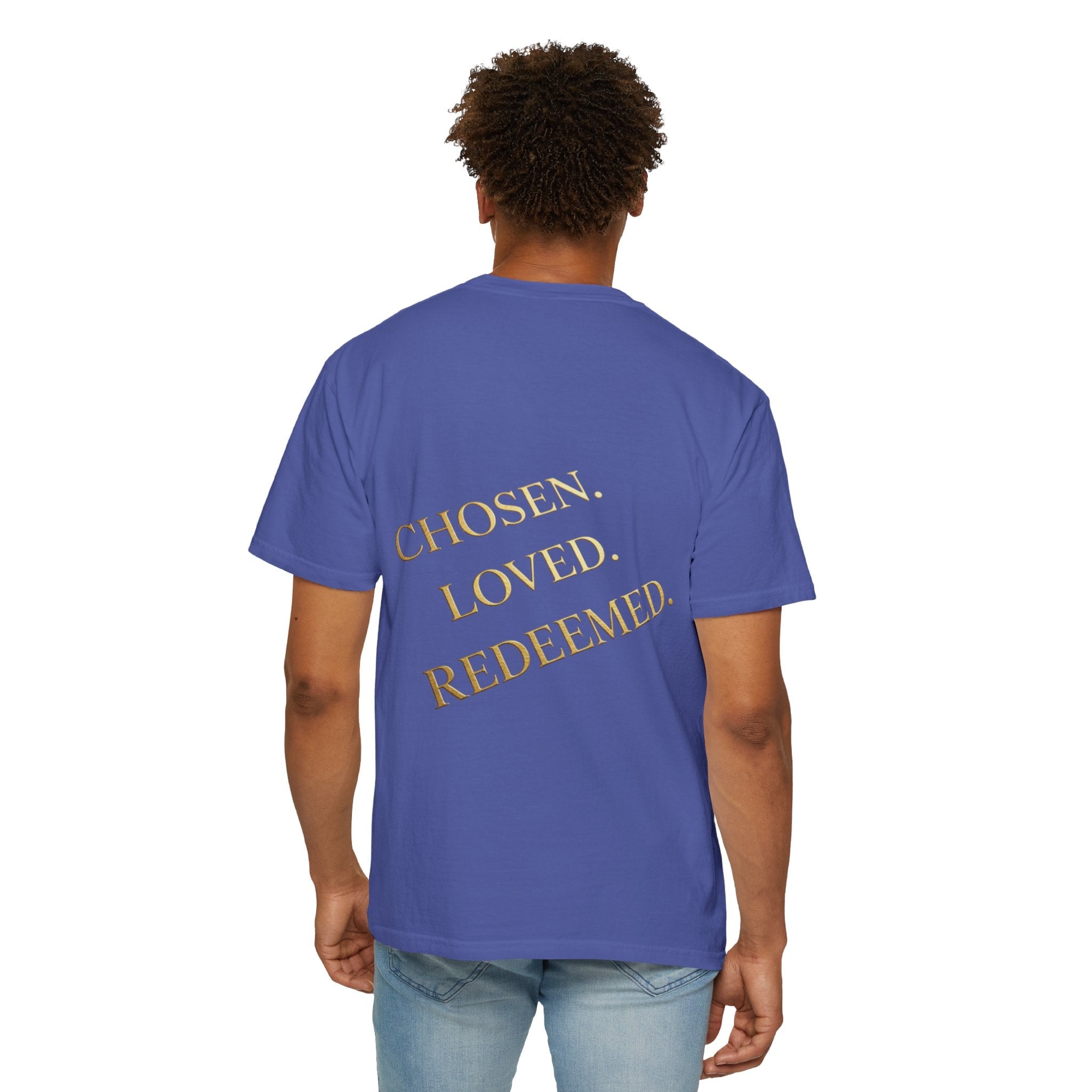 ✨ Chosen. Loved. Redeemed. – Elegant Christian T-Shirt | Gold Foil Faith Tee | Subtle Cross & Heart Design | Inspirational Bible Verse Apparel by Uplifted Gear Printify