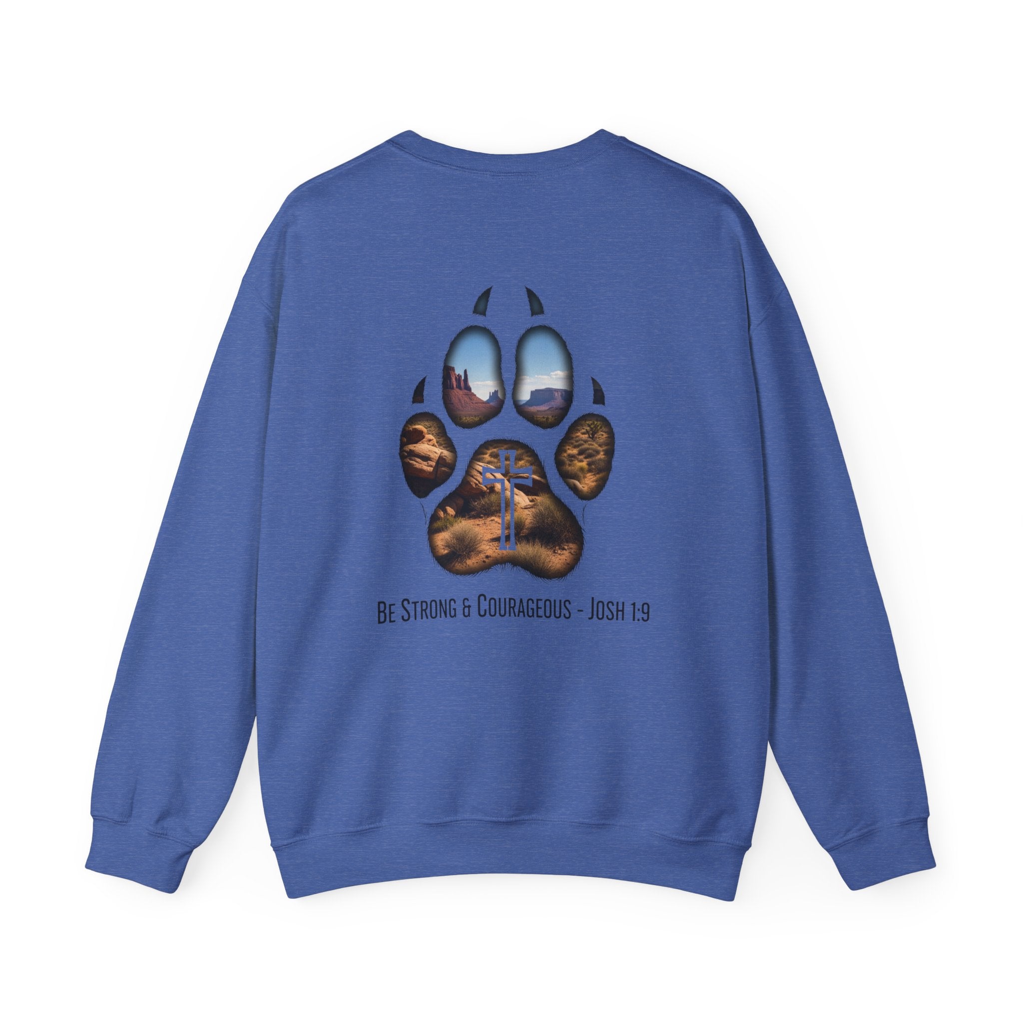 Strong and Courageous Sweatshirt – Joshua 1:9 Canine Pawprint Desert Christian Sweatshirt for Dog Lovers Printify