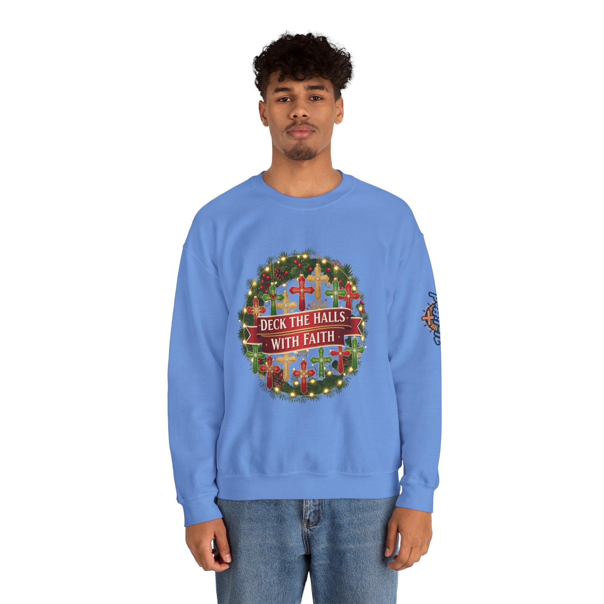 🎄 Deck the Halls with Faith – Christian Christmas Sweatshirt | Cross Ornament Design & Festive Garland | Bold Holiday Faith Tee by Uplifted Gear Printify