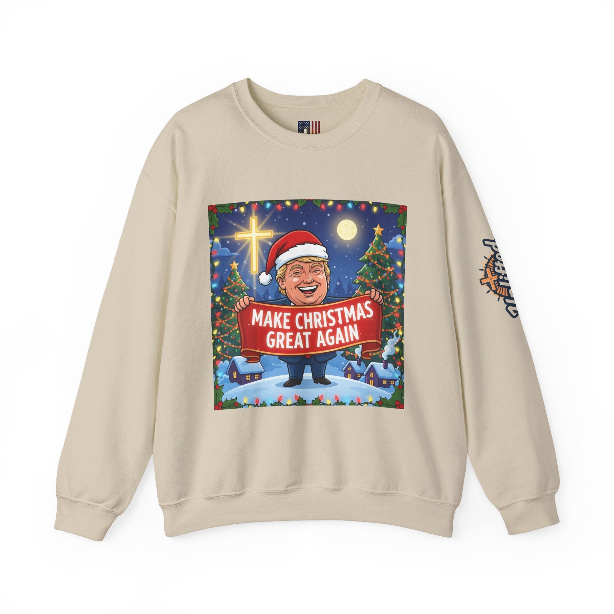 🎄 Make Christmas Great Again – Patriotic Christian Christmas Sweatshirt | Bold Holiday Faith Tee | Red & White Banner Design | Uplifted Gear Printify