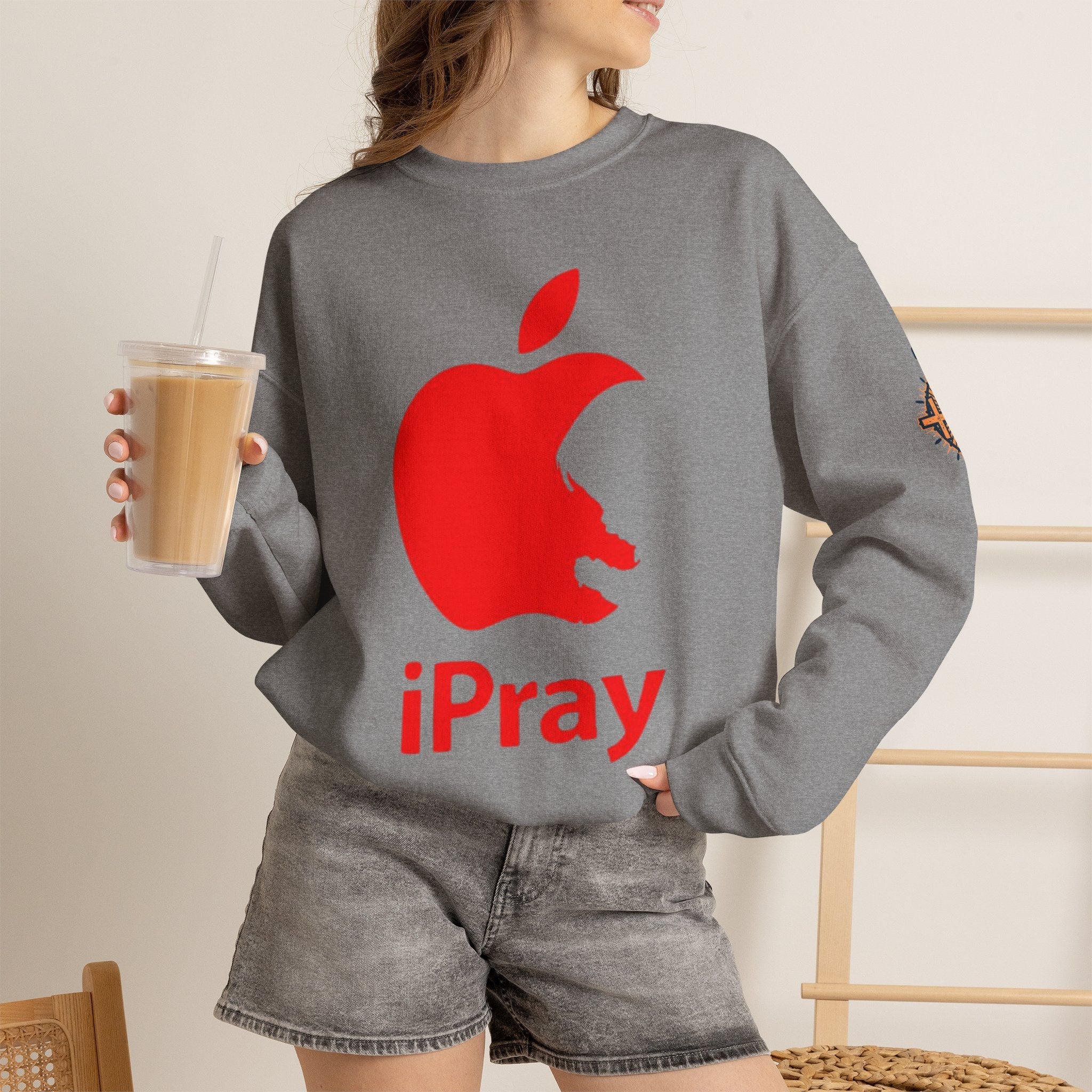 iPray Apple Logo Sweatshirt — Funny Christian Sweatshirt (Minimal Red Apple Graphic) Printify