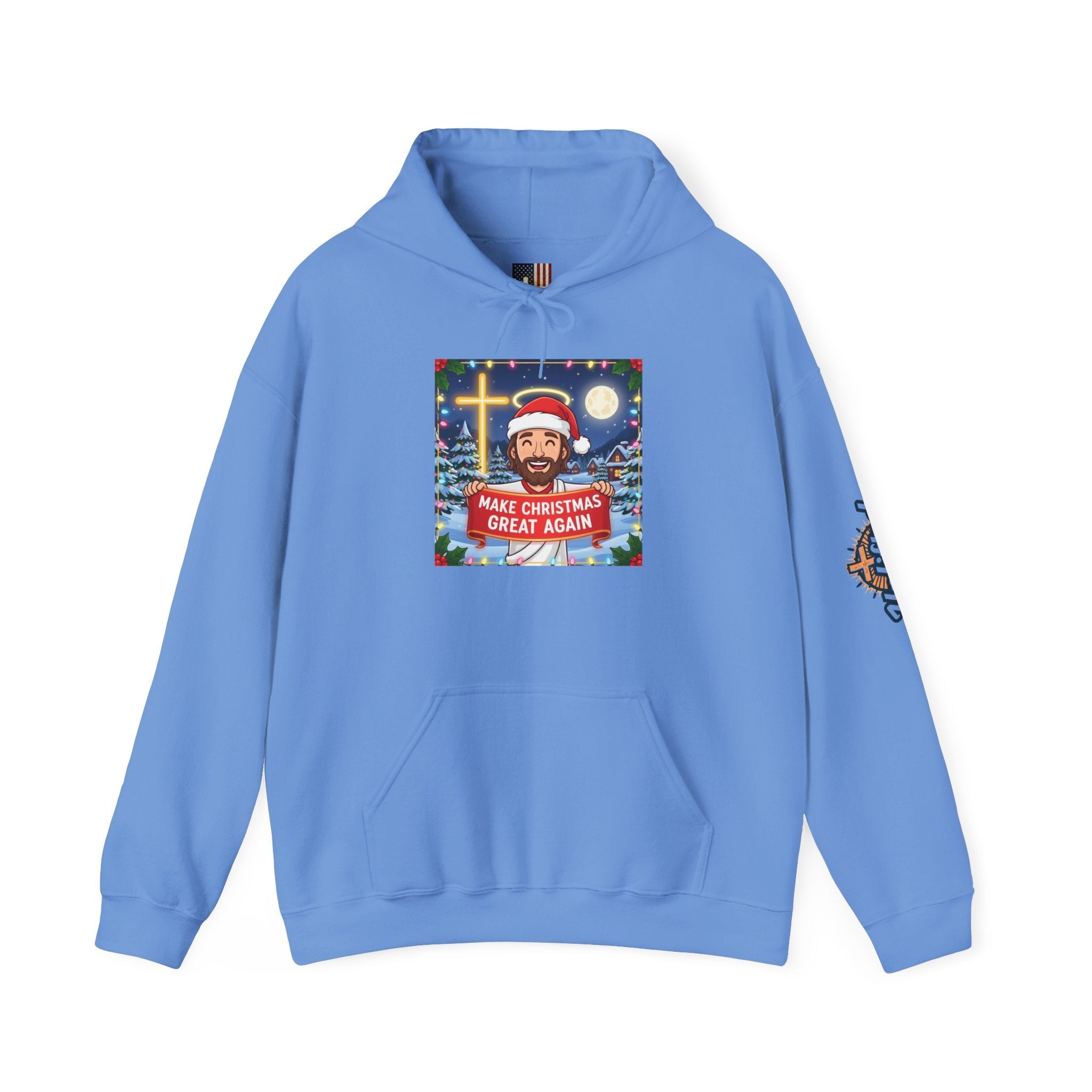 🎄 Make Christmas Great Again – Funny Christian Hoodie | Jesus Holding Banner | Faith-Based Holiday Parody Tee | Uplifted Gear Printify