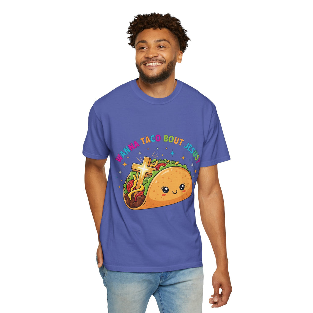 Wanna Taco 'Bout Jesus? Funny Christian Pun T-Shirt – Lettuce Pray & Share Faith! Printify