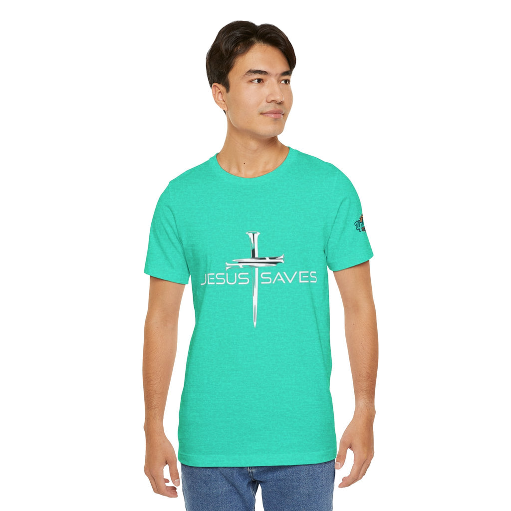 Jesus Saves T-shirt – 3 Nails Crucifix Cross Christian T-shirt for Redemption Faith & Bold Salvation Printify