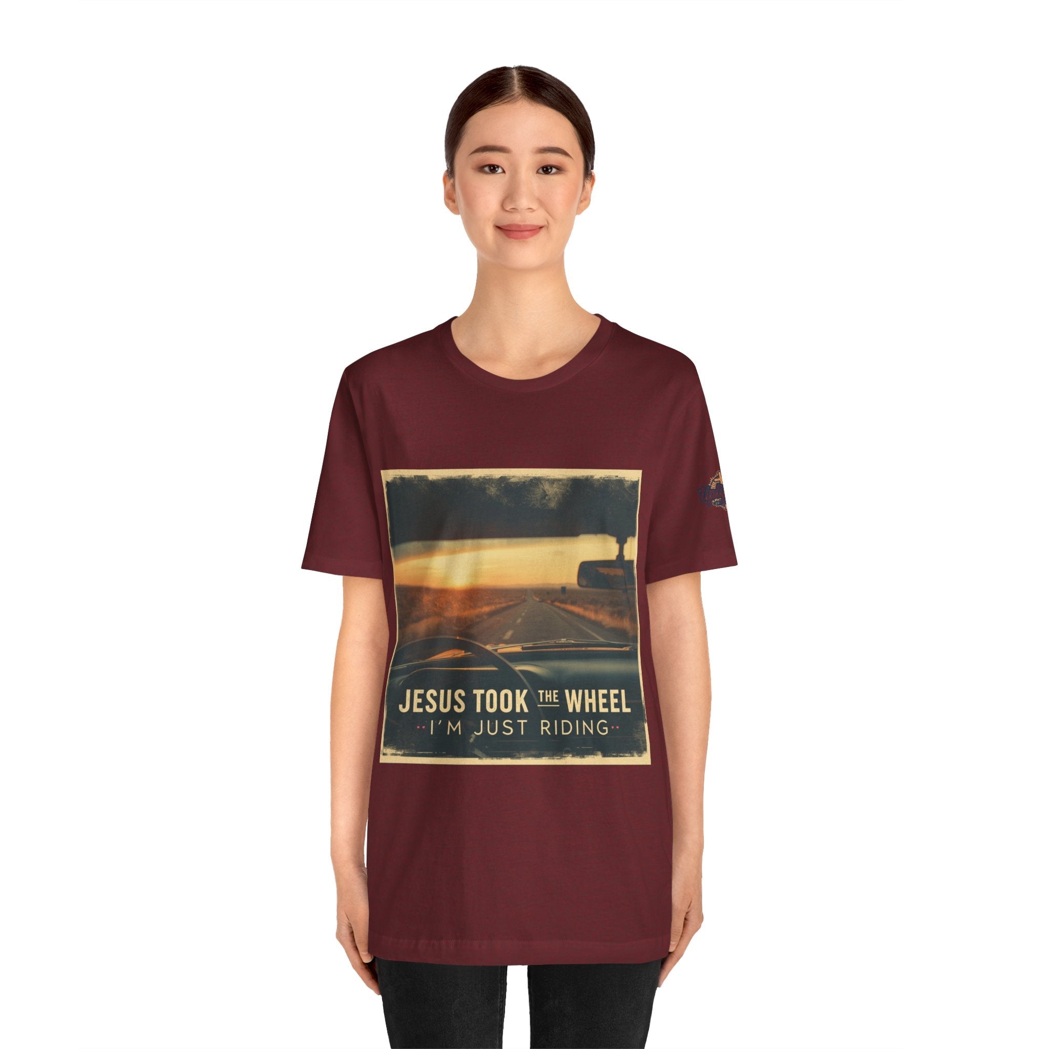 Jesus Took the Wheel I'm Just Riding T-shirt – Funny Christian Convertible Car T-shirt for Surrendered Faith & Humor Printify