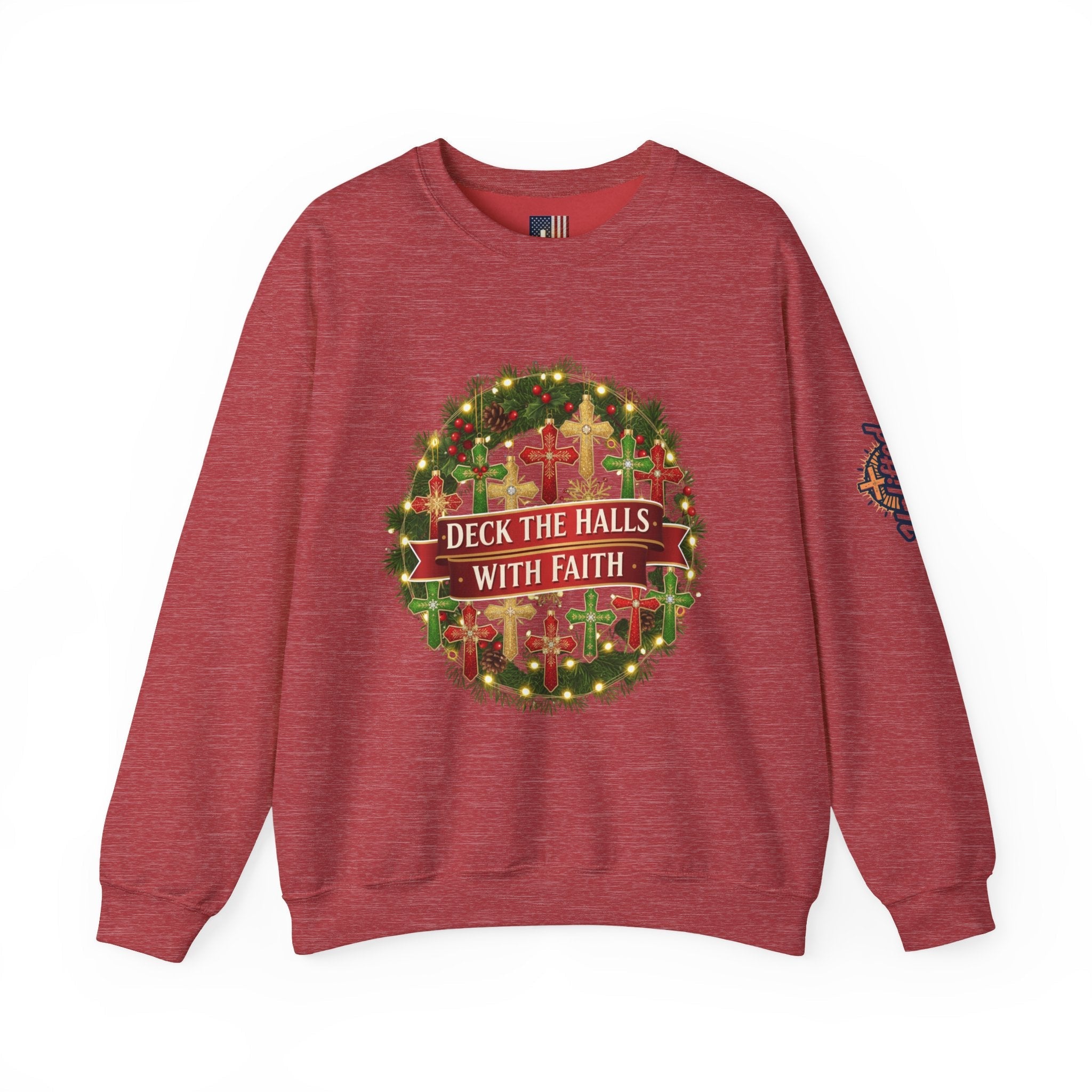 🎄 Deck the Halls with Faith – Christian Christmas Sweatshirt | Cross Ornament Design & Festive Garland | Bold Holiday Faith Tee by Uplifted Gear Printify