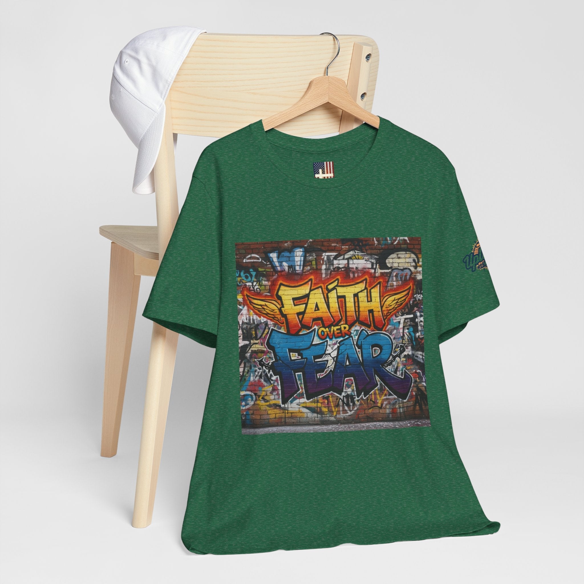 Faith Over Fear T-shirt – Graffiti Wall Christian T-shirt for Bold 2 Corinthians 5:7 Streetwear & Unshakable Faith Printify