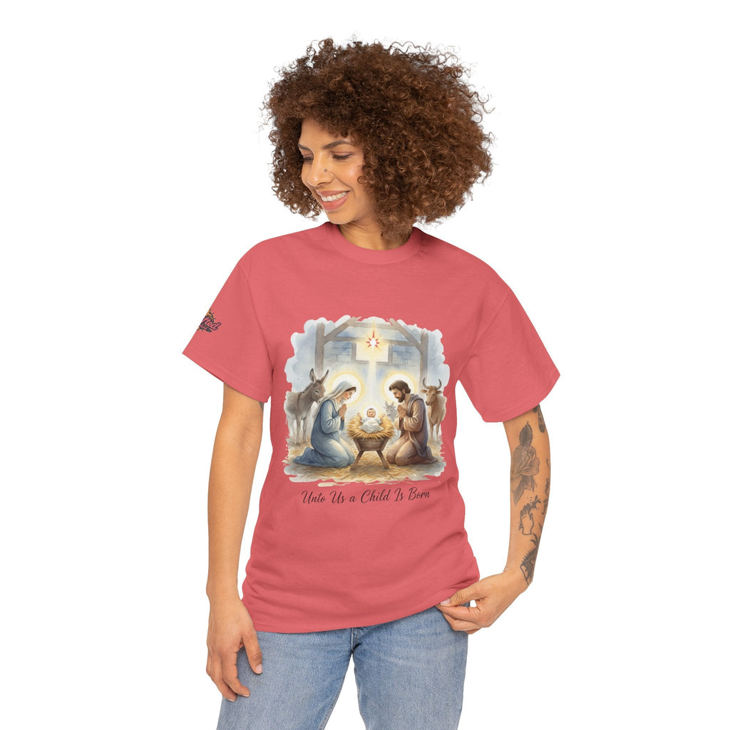 Unto Us a Child is Born T-shirt – Isaiah 9:6 Nativity Manger Scene Christian Christmas T-shirt for Holy Night Faith Printify