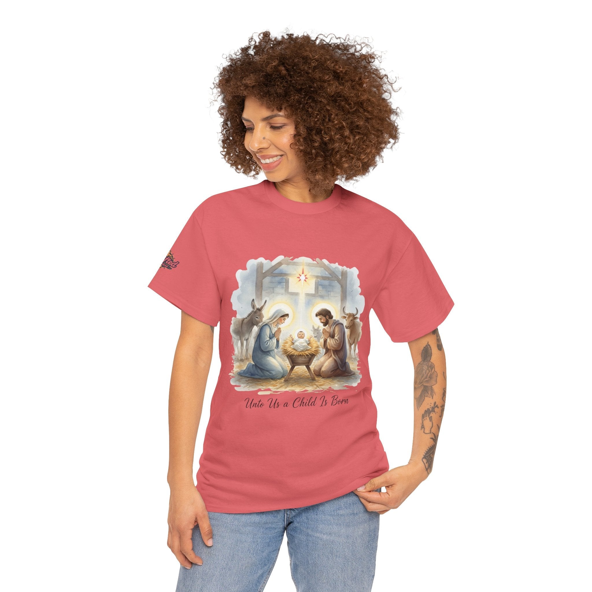 Unto Us a Child is Born T-shirt – Isaiah 9:6 Nativity Manger Scene Christian Christmas T-shirt for Holy Night Faith Printify