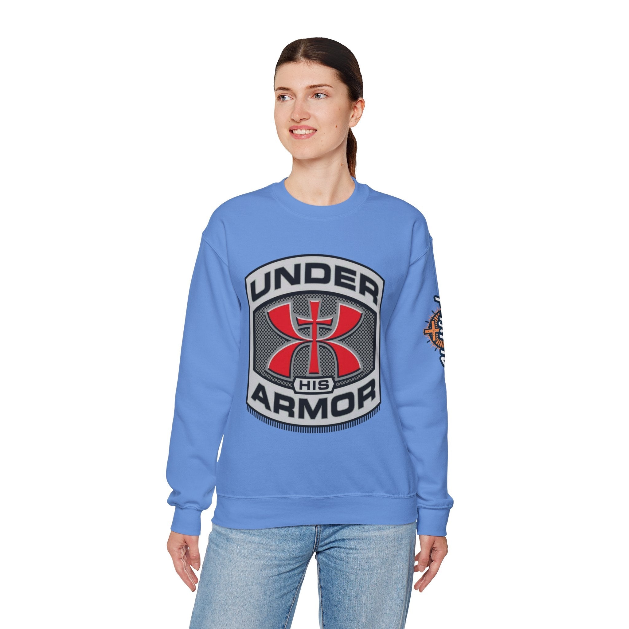 Under His Armor Crewneck Sweatshirt — Christian Faith Graphic Pullover Printify