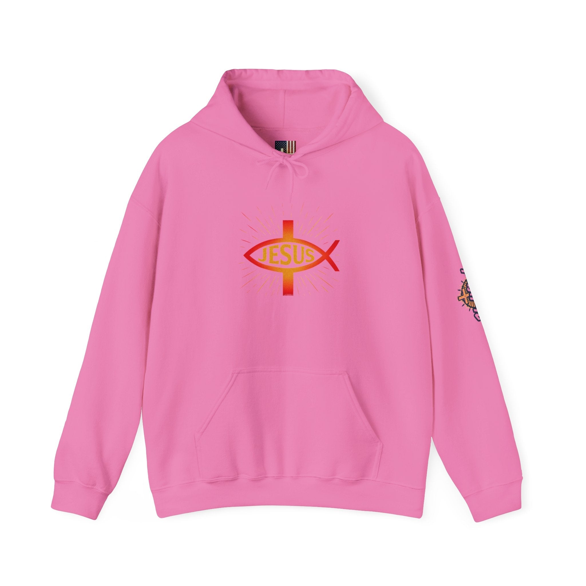 Jesus Ichthys Hoodie – Christian Fish Symbol with Cross & Jesus Inscription Sweatshirt for Eternal Faith & Streetwear Printify