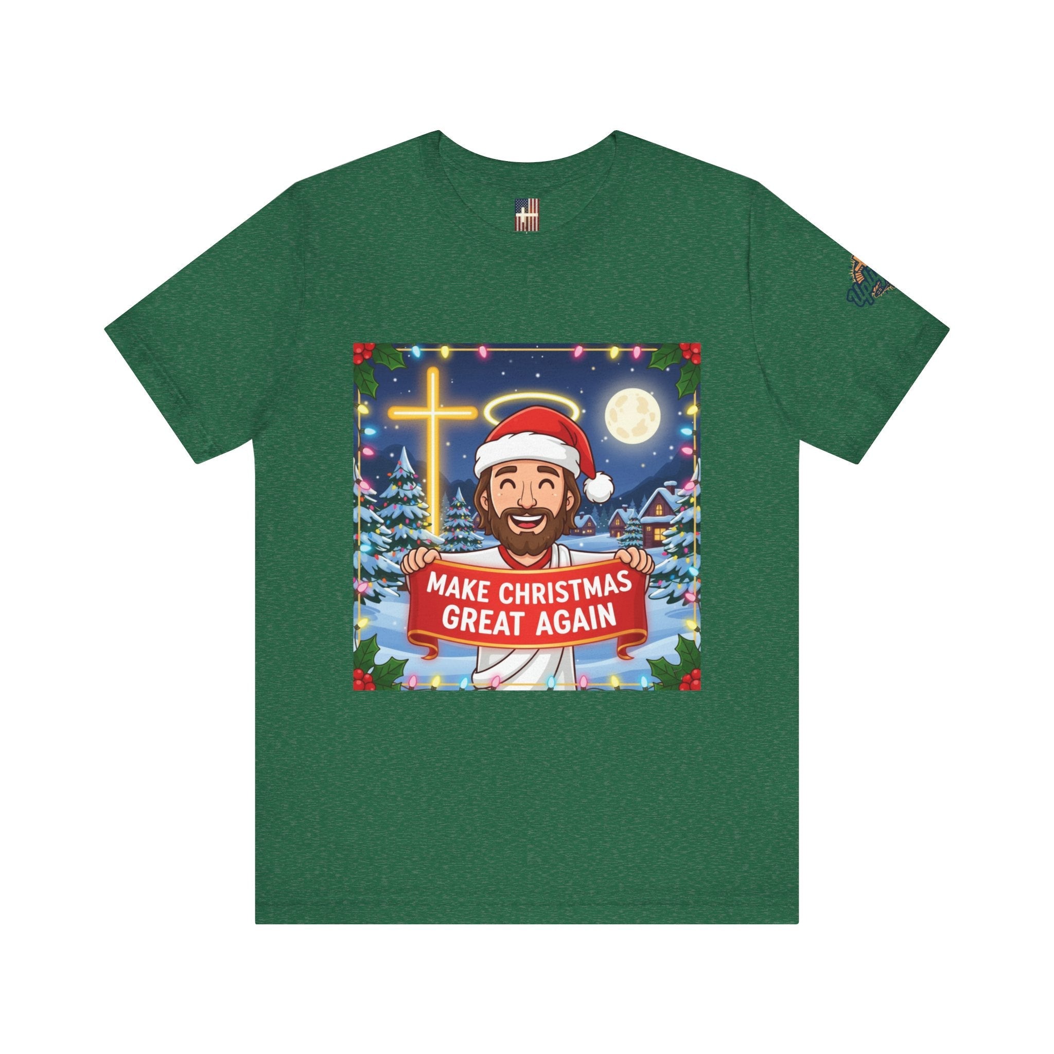 🎄 Make Christmas Great Again – Funny Christian T-Shirt | Jesus Holding Banner | Faith-Based Holiday Parody Tee | Uplifted Gear Printify