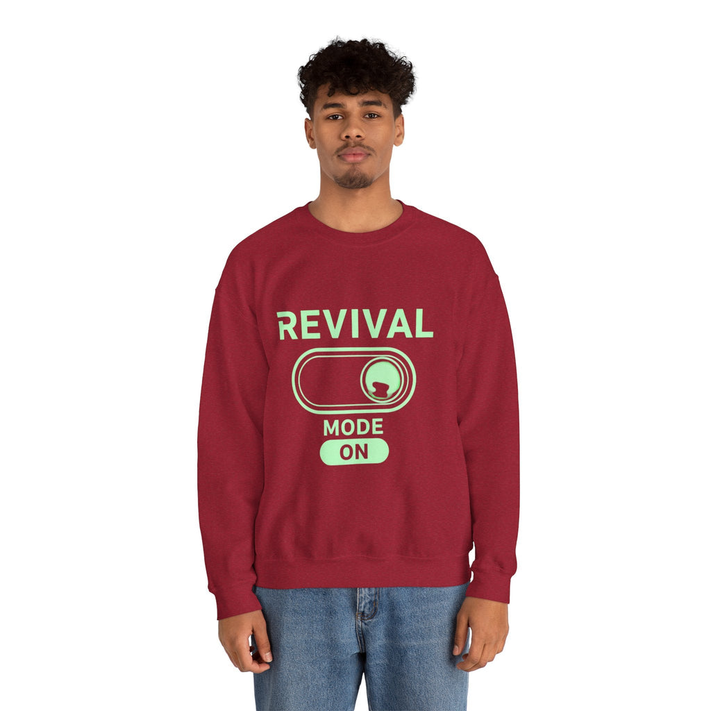 🔥 Revival Mode: ON – Christian Techwear Sweatshirt | Glowing Green Faith Switch | Futuristic Jesus Shirt | Activate Your Spiritual Awakening | Uplifted Gear Printify