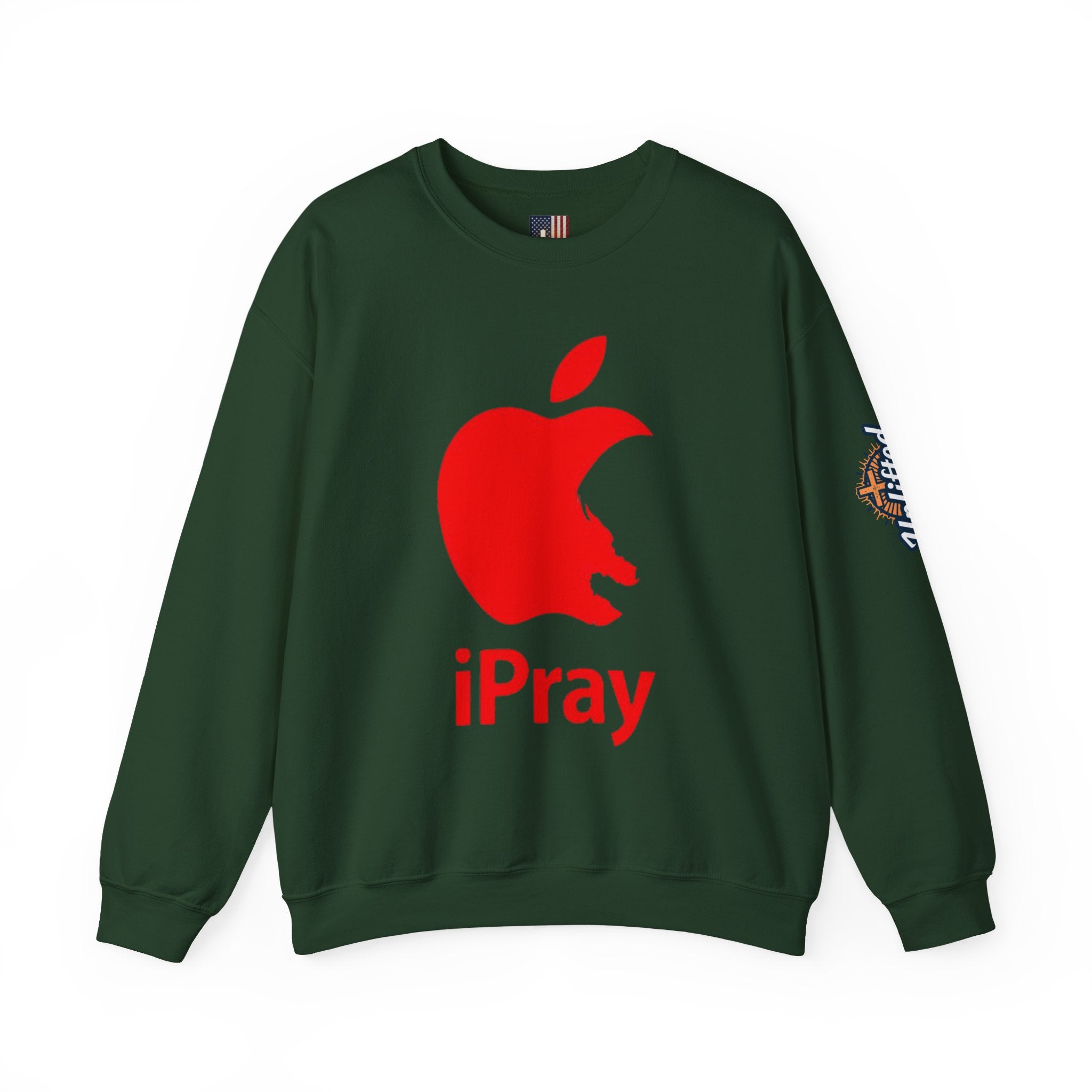 iPray Apple Logo Sweatshirt — Funny Christian Sweatshirt (Minimal Red Apple Graphic) Printify