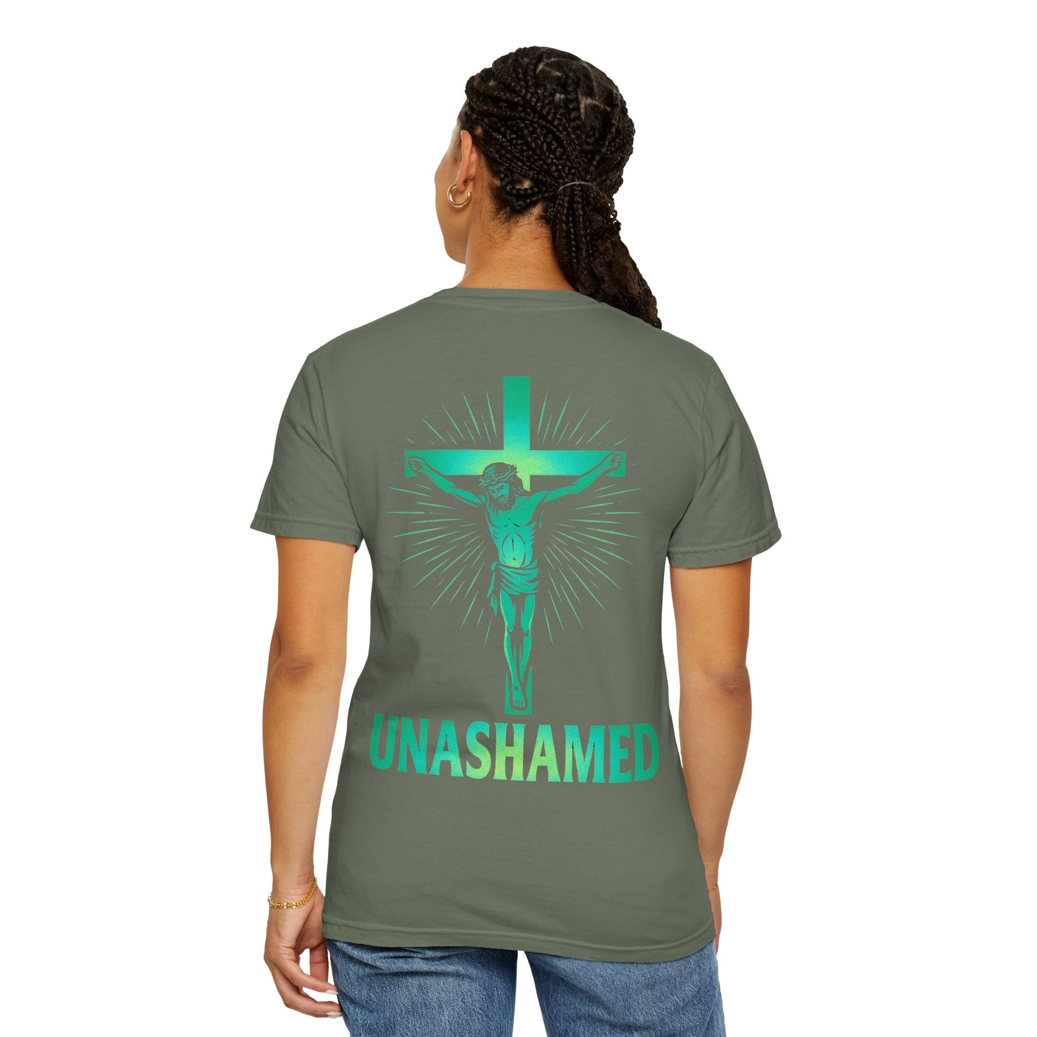 Unashamed T-shirt – Romans 1:16 Crucifixion Christian t-shirt for Bold Unwavering Faith Printify