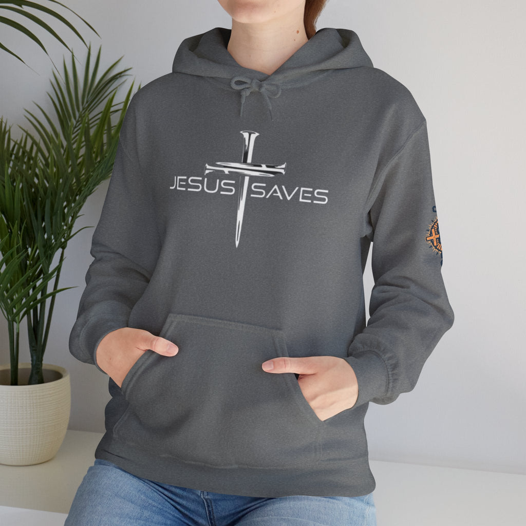 Jesus Saves Hoodie – 3 Nails Crucifix Cross Christian Sweatshirt for Redemption Faith & Bold Salvation Printify