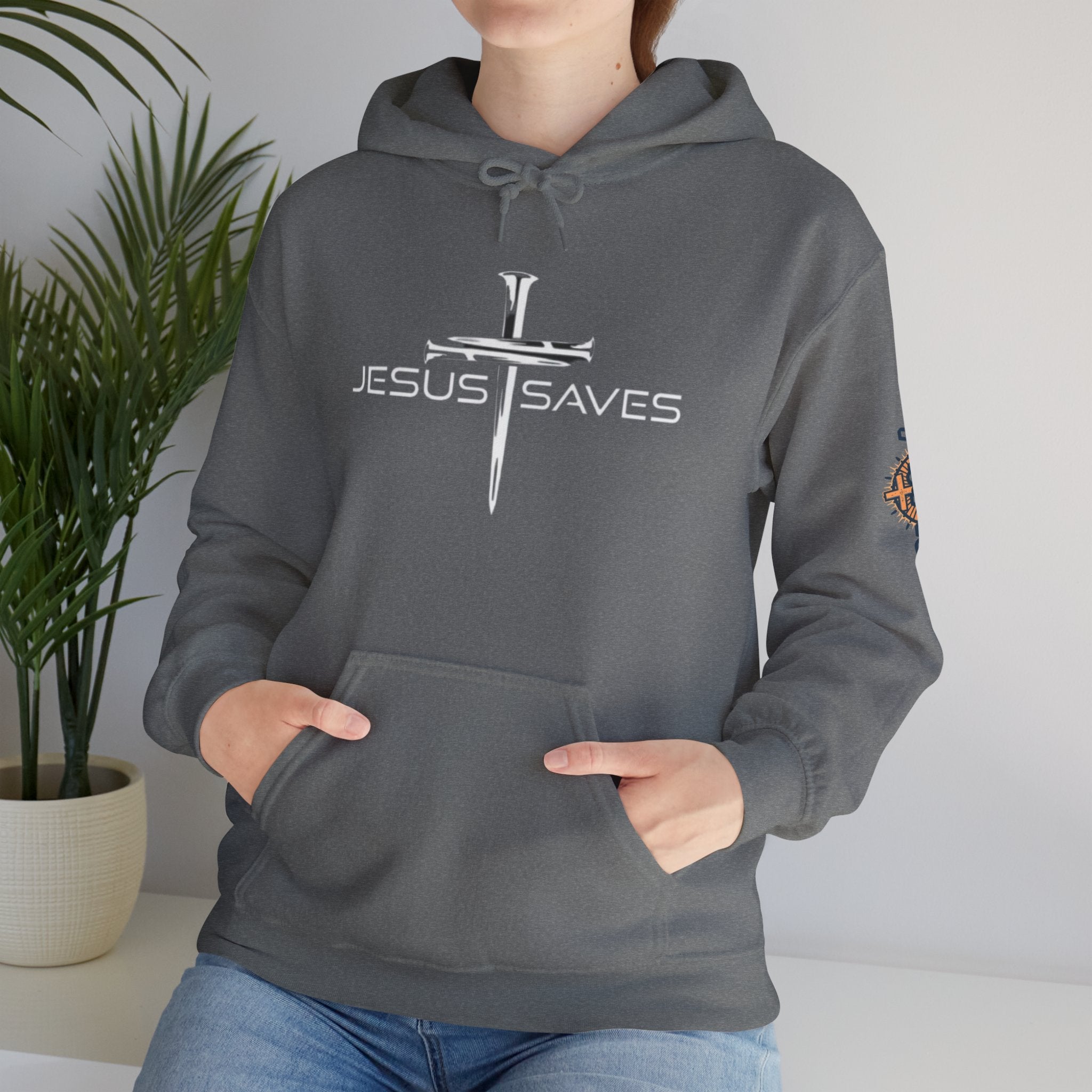 Jesus Saves Hoodie – 3 Nails Crucifix Cross Christian Sweatshirt for Redemption Faith & Bold Salvation Printify