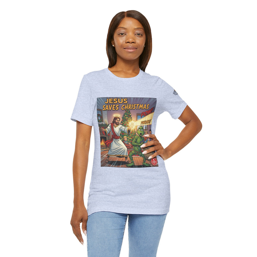 Jesus Saves Christmas T-shirt – Grinch vs Savior Light Battle Christian T-shirt for Hilarious Holiday Faith & True Joy Printify