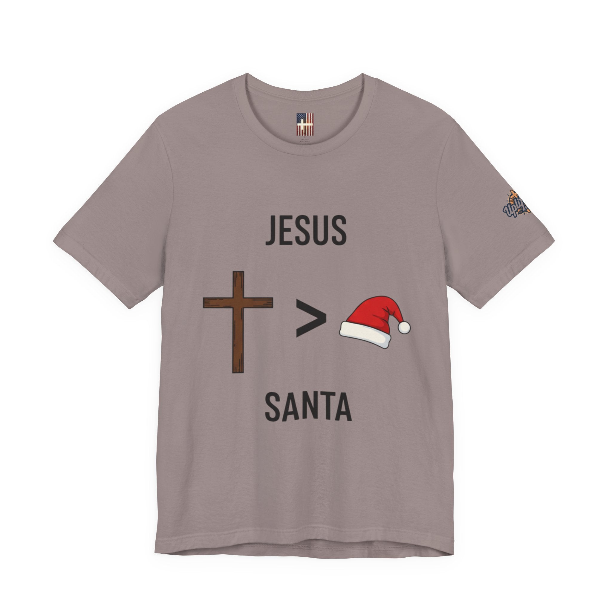 🎄 Jesus > Santa – Minimalist Christian Christmas T-Shirt | Bold Faith Over Holiday Tee | Cross vs Santa Hat Design | Uplifted Gear Printify