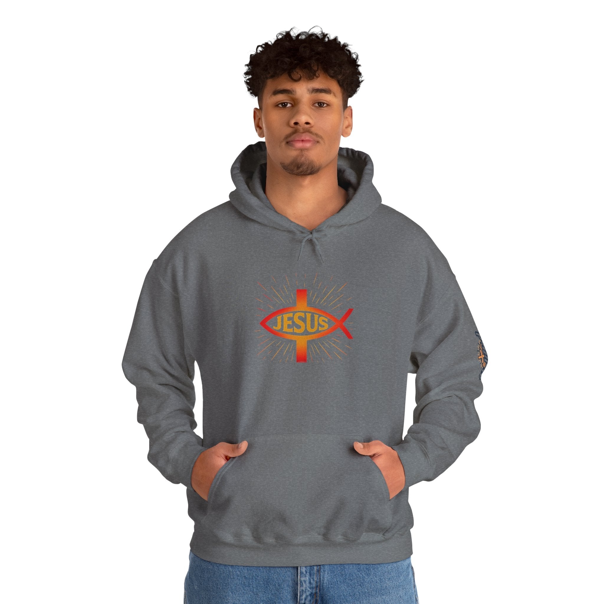 Jesus Ichthys Hoodie – Christian Fish Symbol with Cross & Jesus Inscription Sweatshirt for Eternal Faith & Streetwear Printify